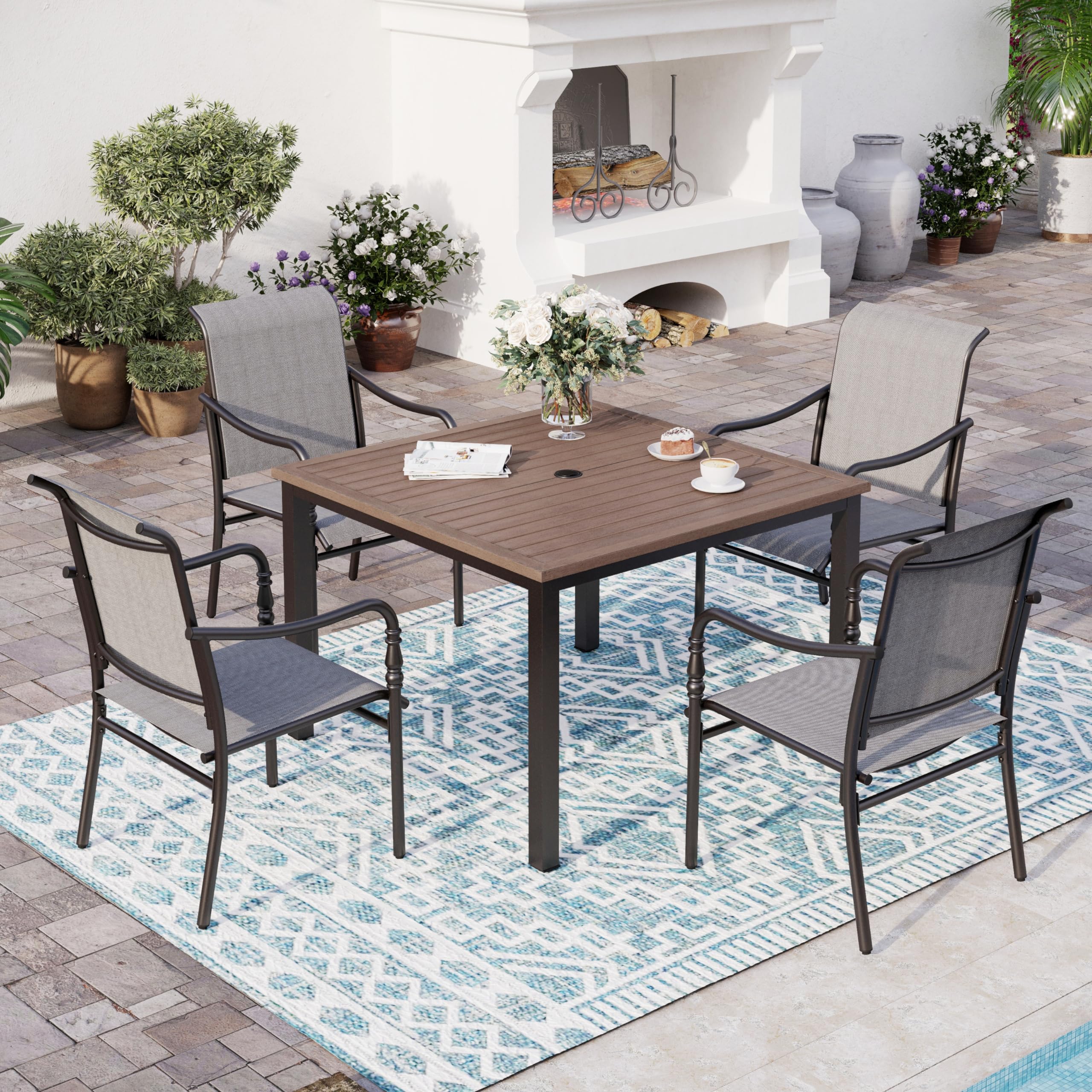 5 Pieces Patio Dining Sets,4 Special Designed Armest All Weather Breathable Textilene Chairs,Square Table with Umbrella Hole,Patio Table and Chairs Set Metal Frame Furniture