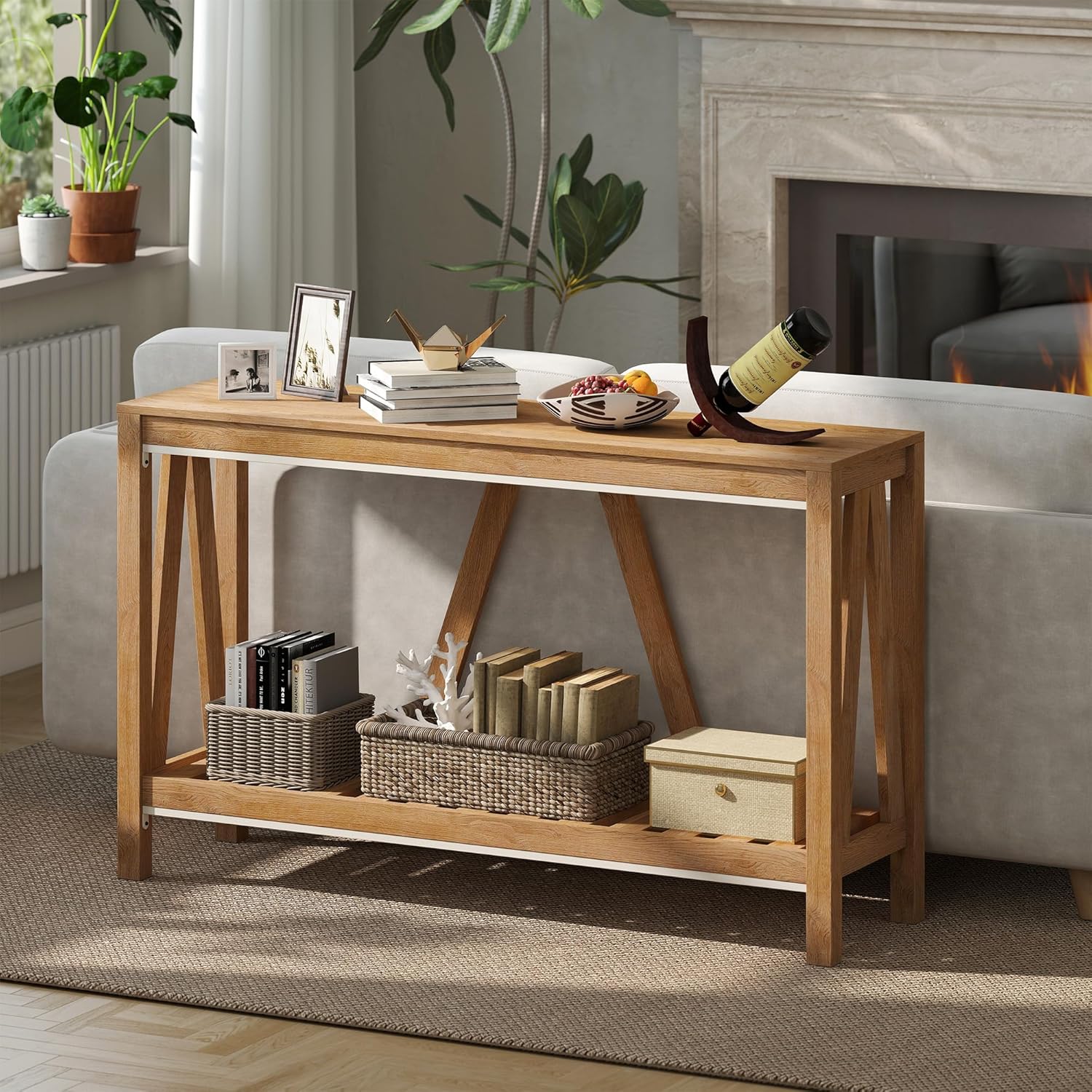 HOMCOM Console Table, Farmhouse Entryway Table with Storage Slatted Shelf, Rustic Sofa Table with Anti-Tipper for Living Room, Hallway, Brown