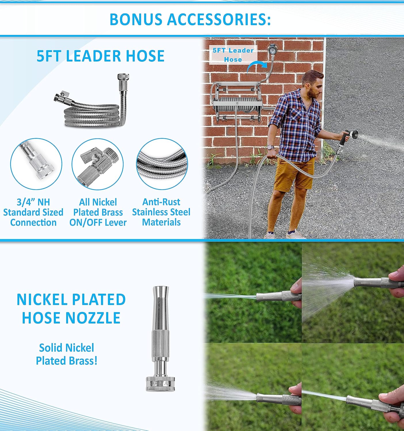 Stainless Steel Wall-Mount Hose Reel with Crank and Shelf