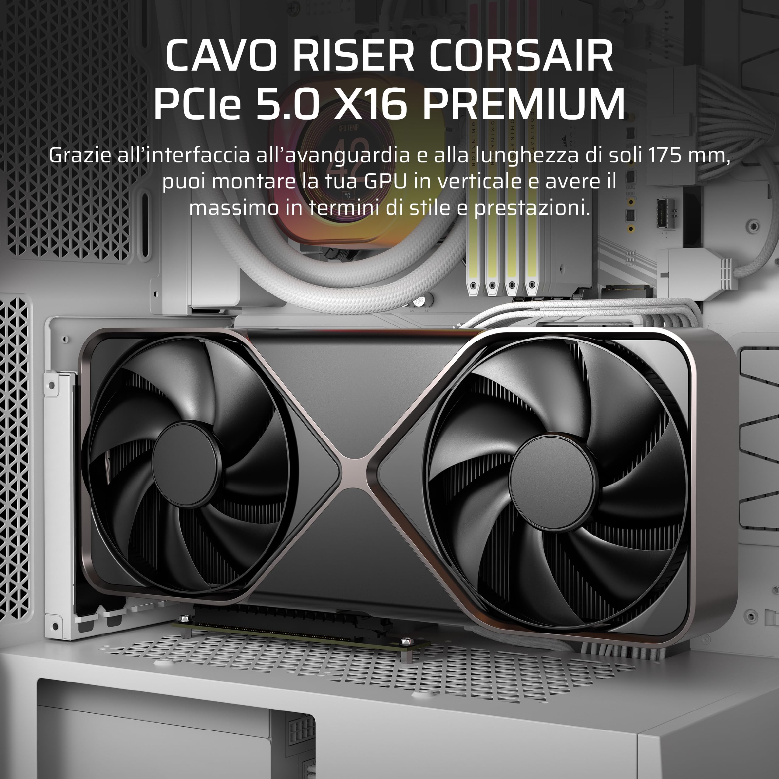 Corsair Premium PCIe 5.0 x16 Riser 175 mm Cavo – Bianco | Ultra flessibile, Resistente, Cacile da installare