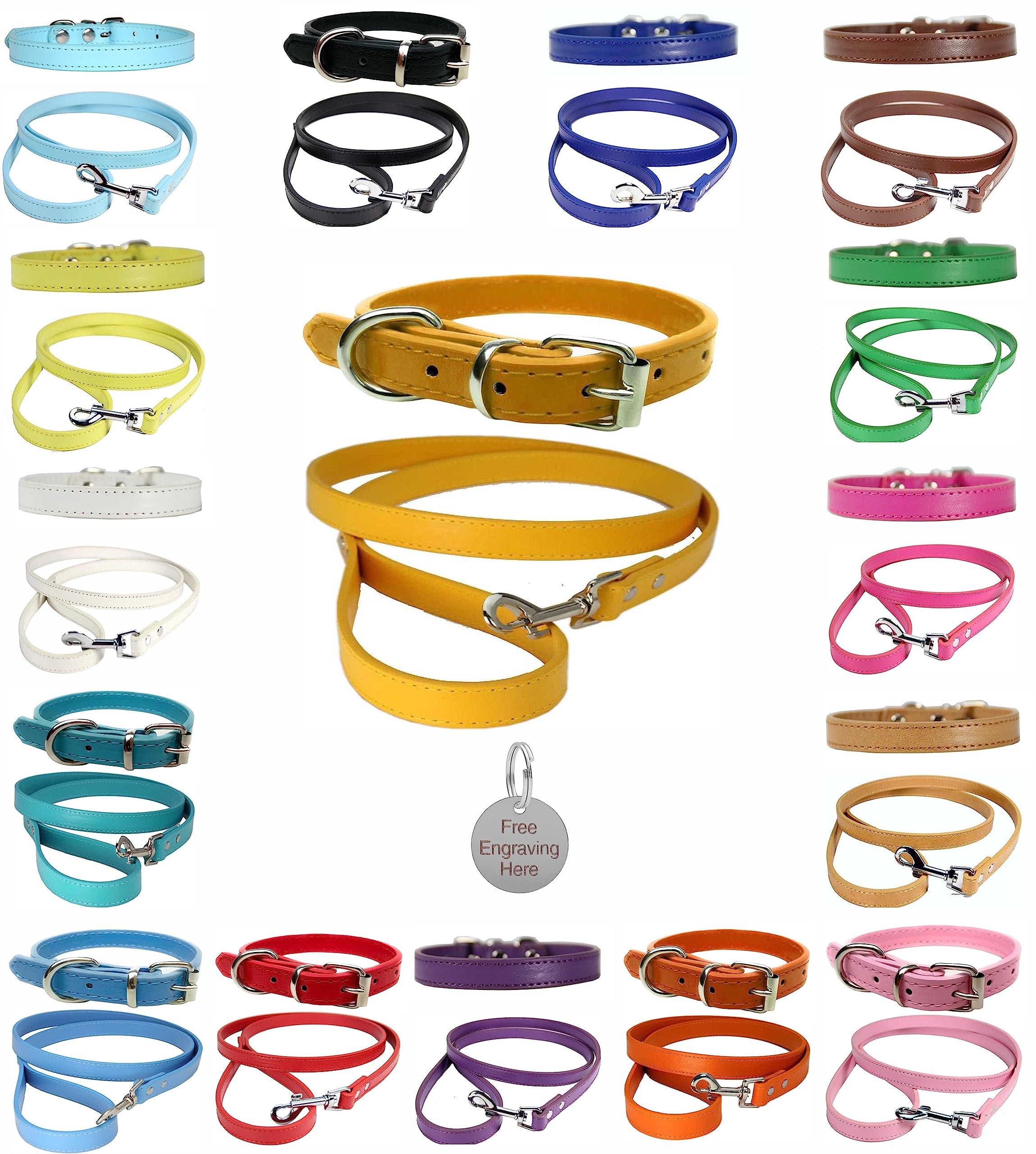 Vibrant Leather Dog Collar & Lead Combo Set for Puppy, Dogs Small, Medium & Large With Personalised Engraved Round Silver Pet Tag (Large (36cm - 46cm Neck), Bright Gold)