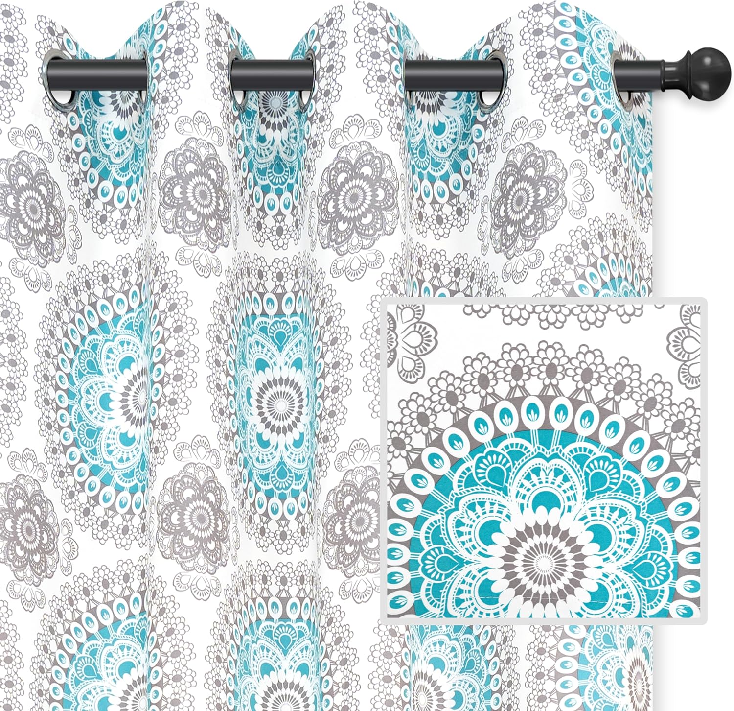 Gray and Aqua Medallion Room-Darkening Polyester Window Panels