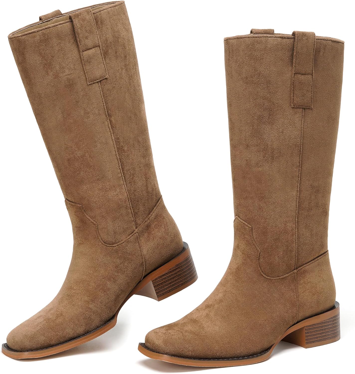 CouieCuies Women Mid Calf Boots Chunky Block Heels Riding Boots 1.57 inch Pull on Suede Boot Plain Calf High Western Boot Cowboy Square Toe Low Heel