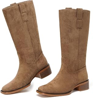 CouieCuies Women Mid Calf Boots Chunky Block Heels Riding Boots 1.57 inch Pull on Suede Boot Plain Calf High Western Boot Cowboy Square Toe Low Heel