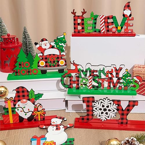Miniatura 6 de 6 piezas de decoraciones navideñas de madera, decoraciones de mesa a cuadros de búfalo, letreros de centro de mesa navideño con Santa, muñeco de