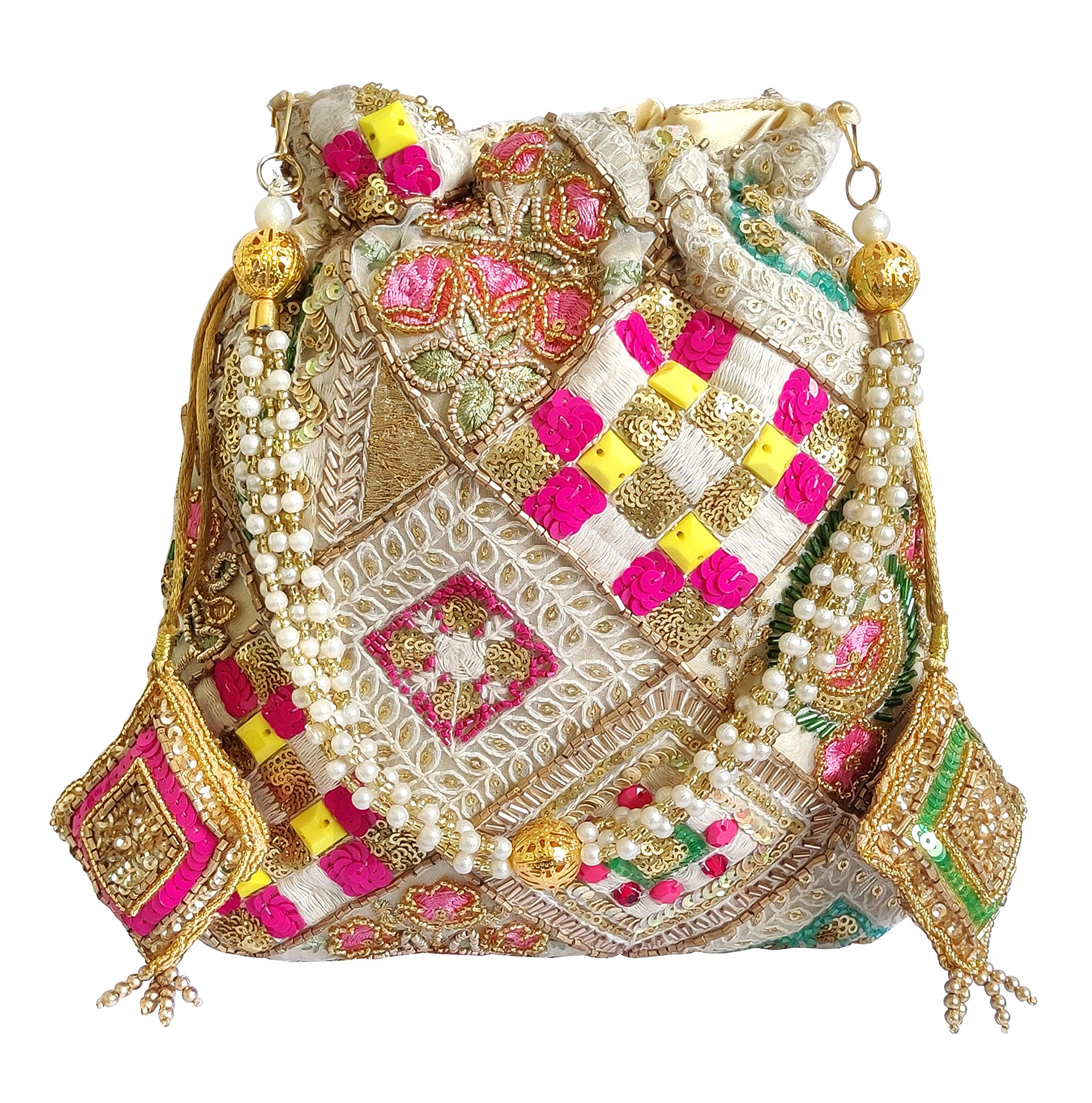 DUCHESSMulticolor Embroidered Potli Bag for Women | Bridal & Wedding Designer Potli Purse | Handcrafted Ethnic Batua with Pearl Handle, Zari & Sequin Work | Festive Potli Bag for Return Gifts