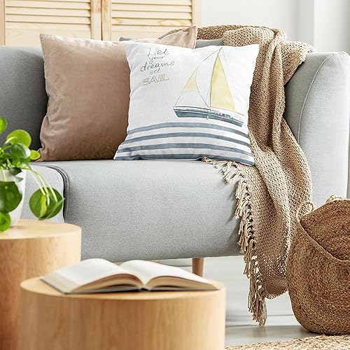 Miniatura 3 de Ambesonne Funda de cojín náutica, Let Your Dreams Set Sail Words Stripes Yacht Interior Navigation Theme, funda de almohada decorativa cuadrada, 20