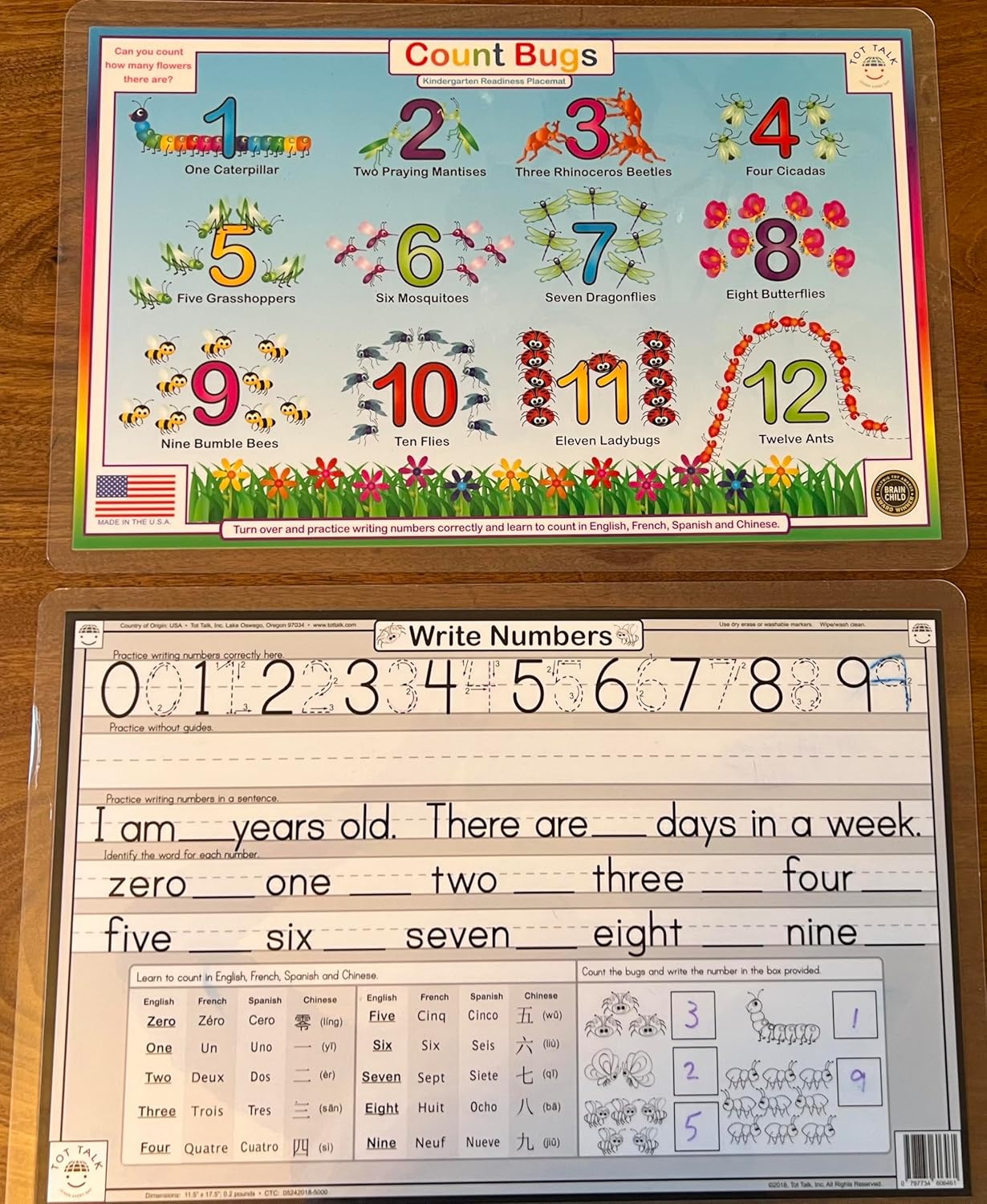 Learn ABCs, Counting, Shapes, Solar System, USA Map & World Map – Double-Sided, Made in USA – Tot Talk's Educational Placemat for Kids – Reusable, Wipeable, BPA-Free – 11.5” x 17.5”