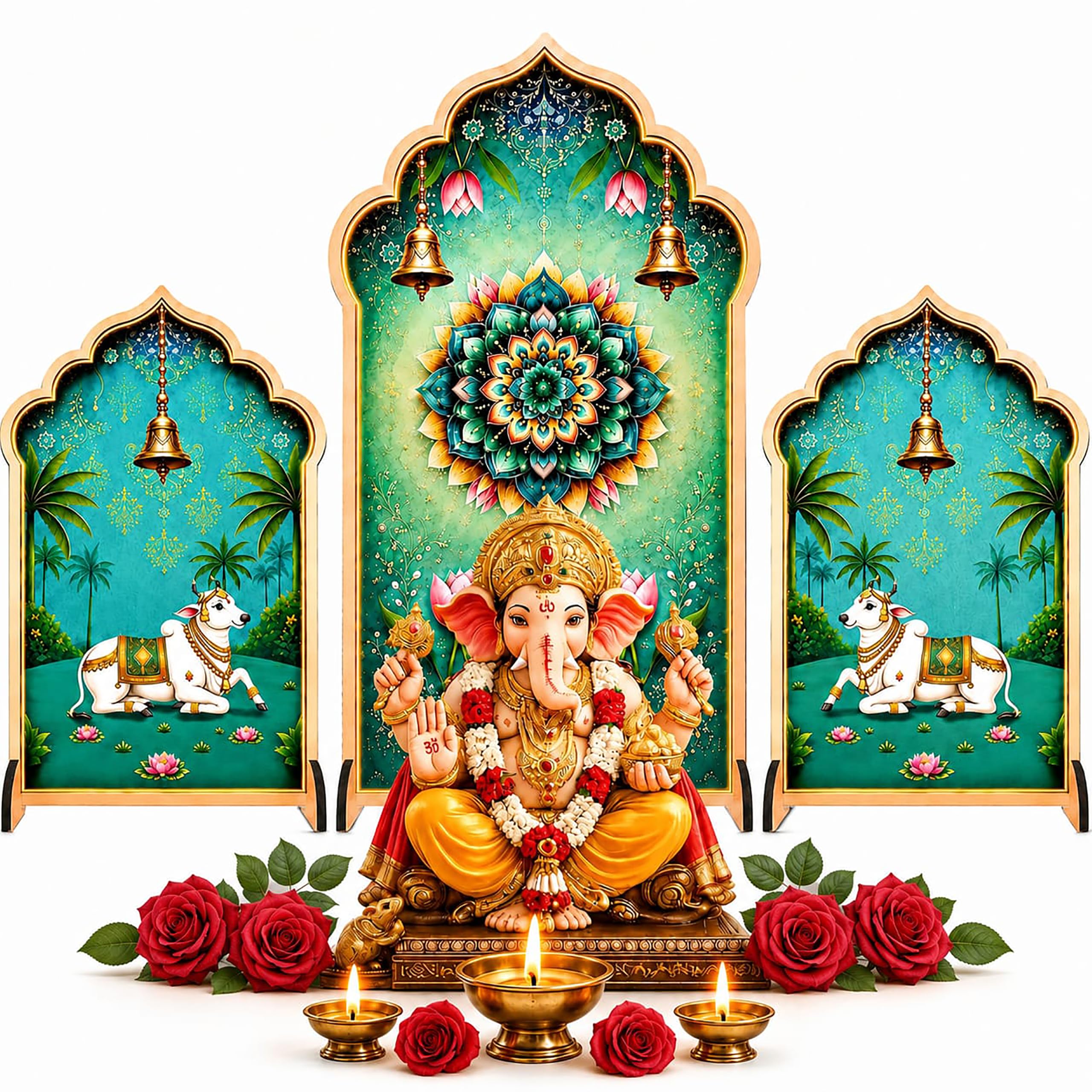Ganpati Decoration Setup for Home, Premium MDF Ganesh Chaturthi Backdrop Stand, 3 Panel Traditional Mandap Decor for Pooja, Aarti, Festival & Housewarming, Suitable for up to 12 Inches Ganpati.-picture-24