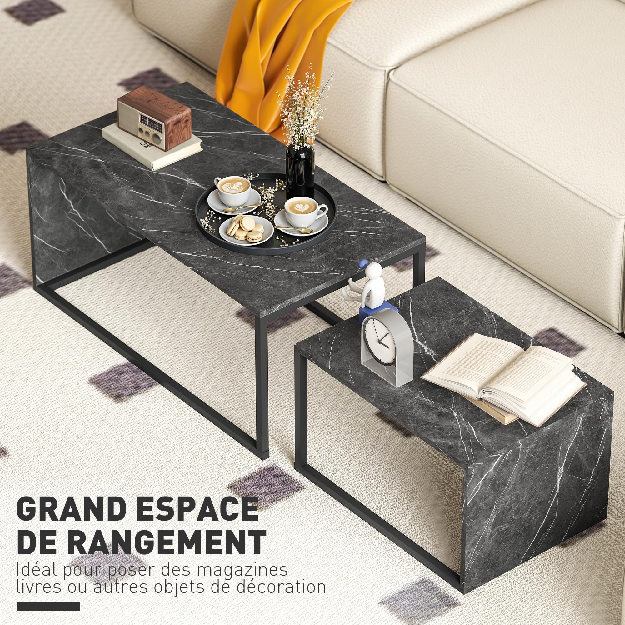 HOMCOM Lot de 2 Tables Basses gigognes Design Industriel encastrable dim. Grande Table 90L x 48l x 42H cm métal Noir Effet marbre Gris foncé