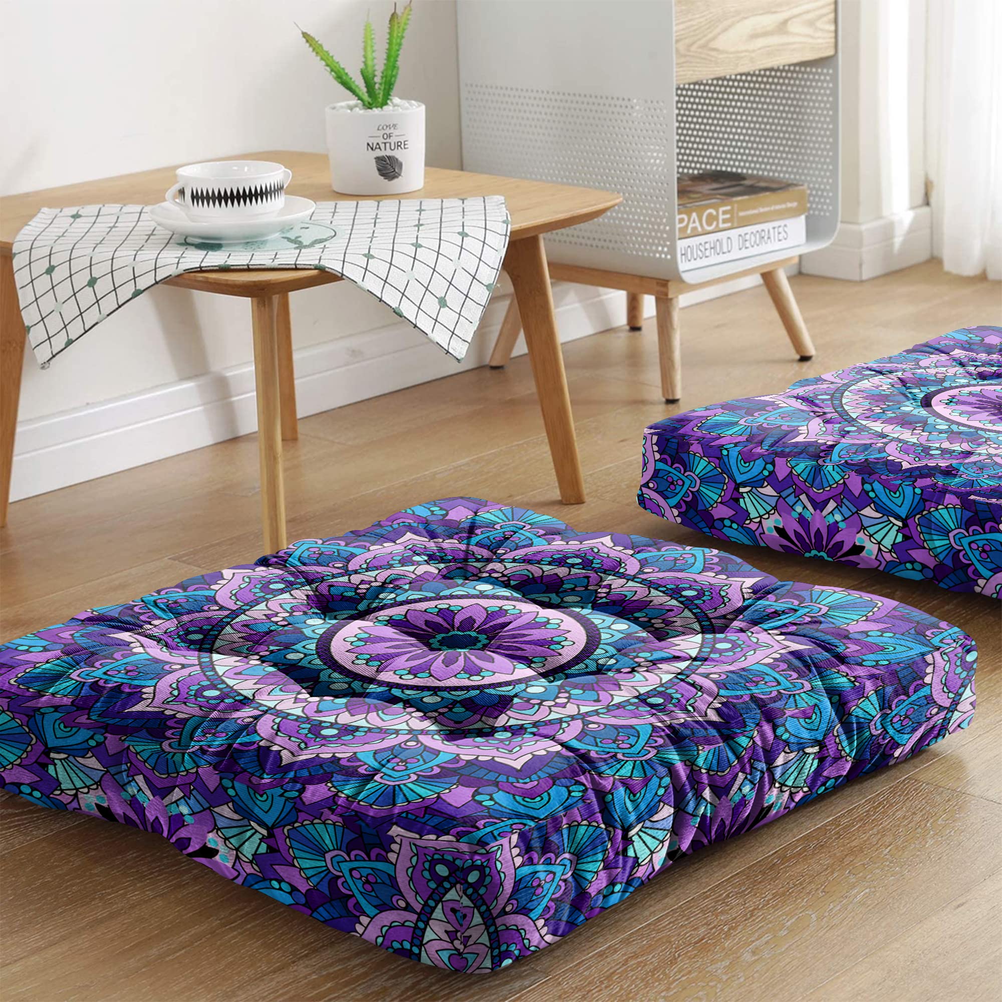 Fodera Per Cuscino Da Pavimento Rotondo 80 Cm | Cotone Blu Con Mandala, Pom Pom E Pizzo | Per Meditazione E Pouf