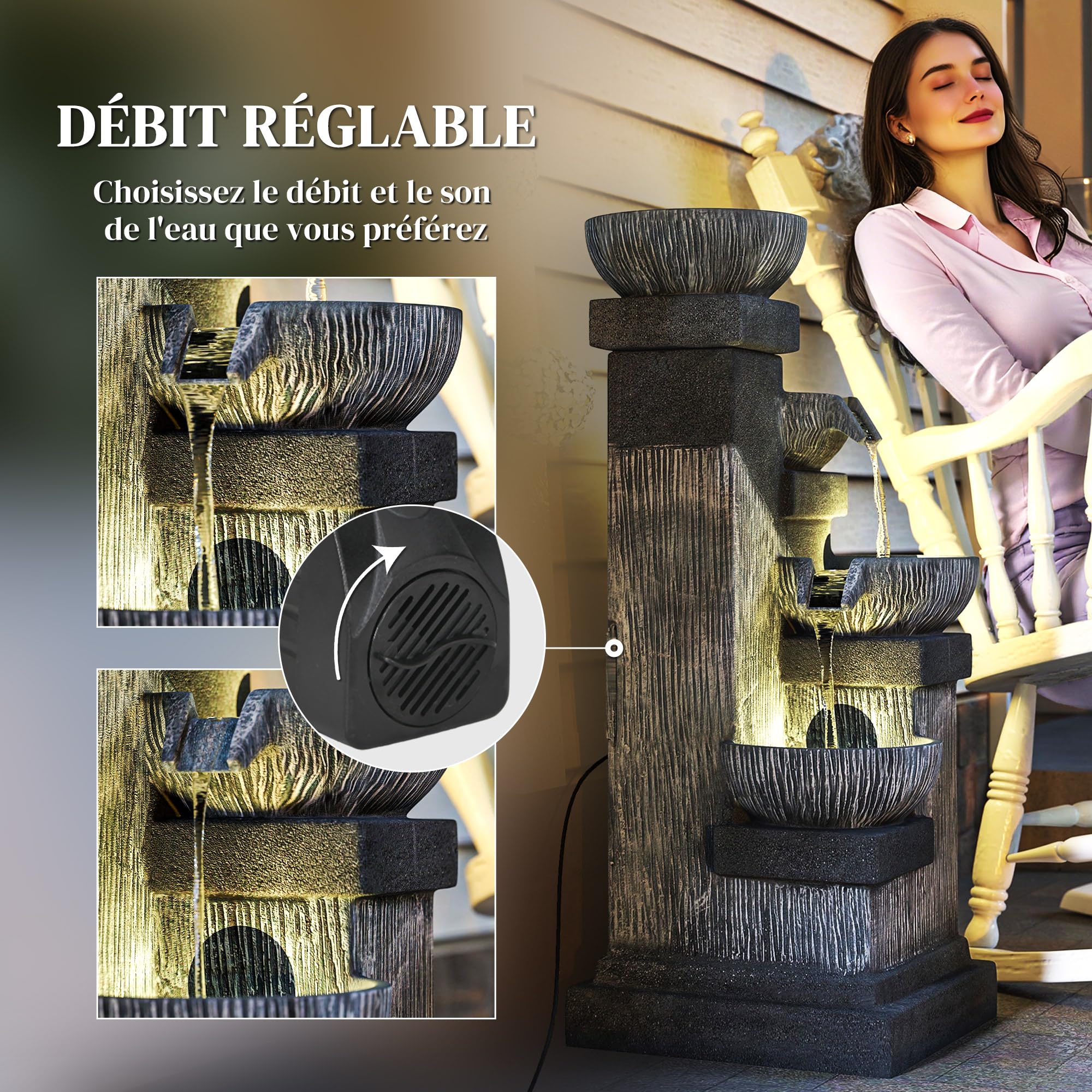 Outsunny Fontaine de Jardin Cascade Fontaine d'eau extérieure 4 Niveaux avec lumières LED, Pompe à Eau, en résine, 38 x 36 x 85 cm, Gris