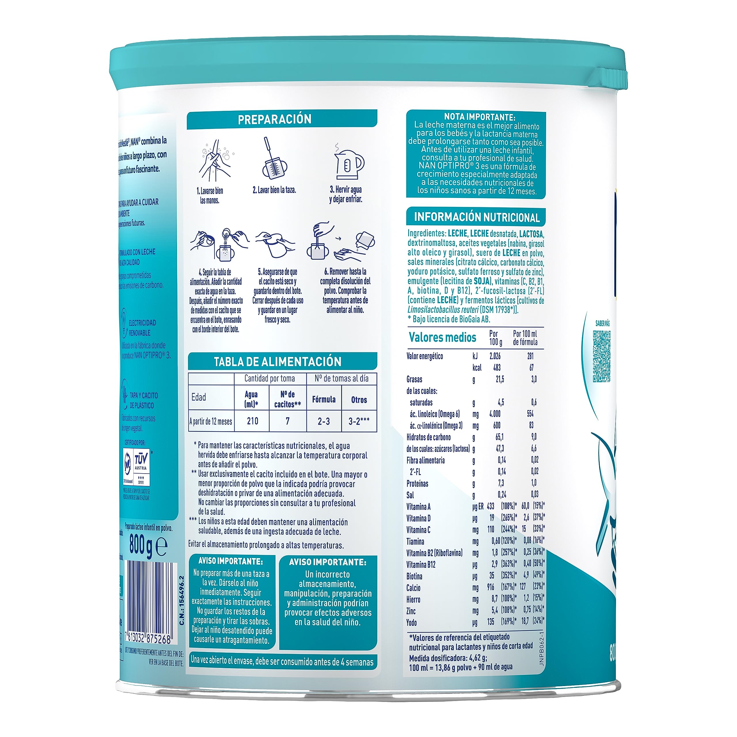 Nan Nestlé Optipro 3 Fórmula de Crecimiento en Polvo, 12 Meses +, 800g (Paquete de 4)