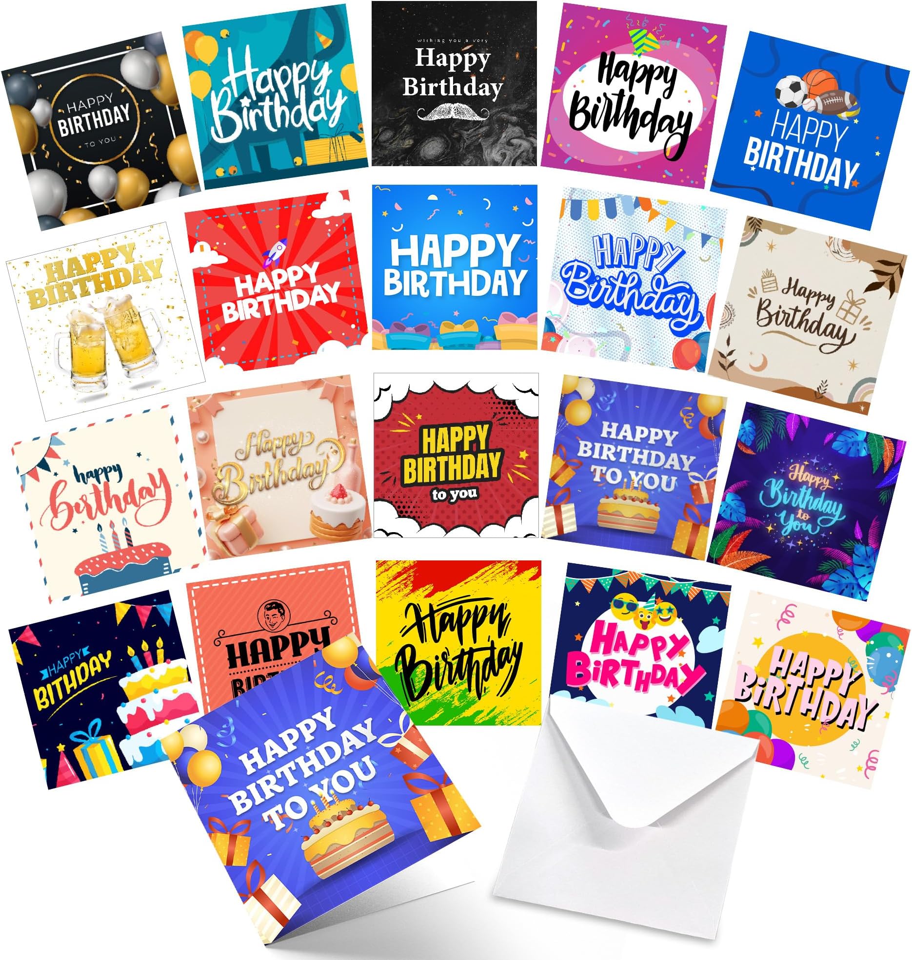 SOL 20pk Birthday Cards for Men Multipack & 20pcs Envelopes - 15x15cm Assorted Men Birthday Card - Thoughtful Messages, Durable, Elegant Designs, Perfect for Special Celebrations and Creating Memories