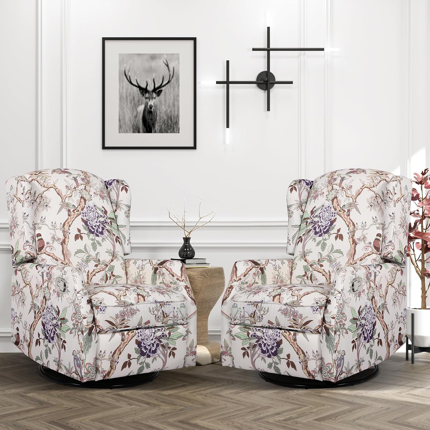 Floral Patterned Wingback Swivel Rocker Recliner Set