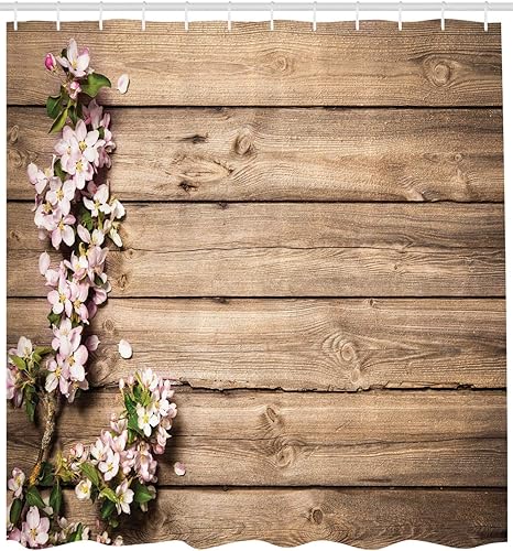 Miniatura 2 de Ambesonne Cortina de ducha rústica, rama de árbol con flores de primavera en imagen de huerto floreciente de madera desgastada, juego de decoración