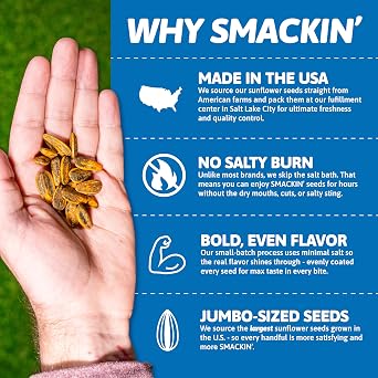 SMACKIN' - Jumbo Roasted Sunflower Seeds, No Salty Burn, American Made, Easy Pour & Seal - Cheddar Jalapeno, 4oz bag (12 Bags)