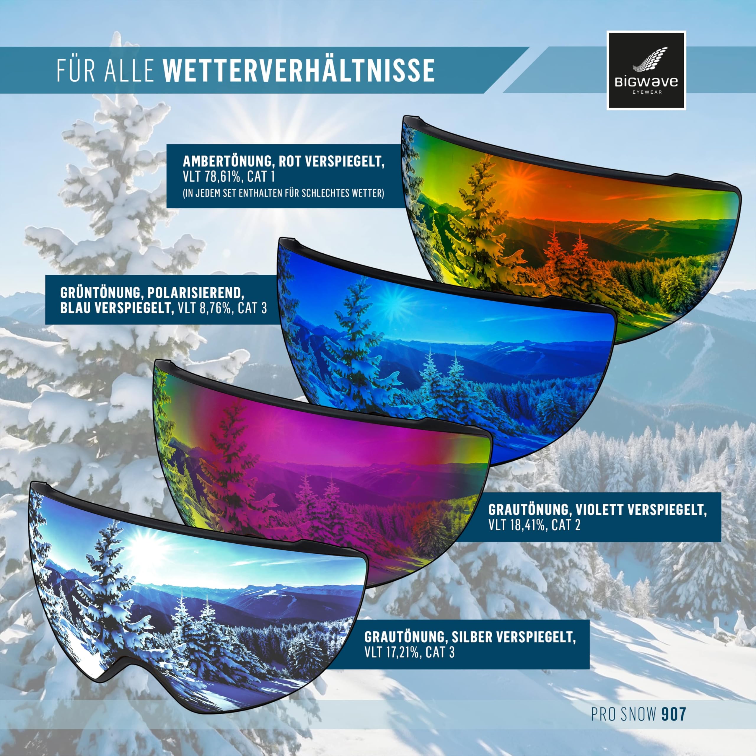 BIGWAVE Pro-Snow 907 Skibrille, Snowboardbrille im Deluxe-Set mit 2 magnetischen Wechselgläsern, UV 400, Anti-Fog, für Damen, Herren, inkl. Case, Beutel, Putztuch
