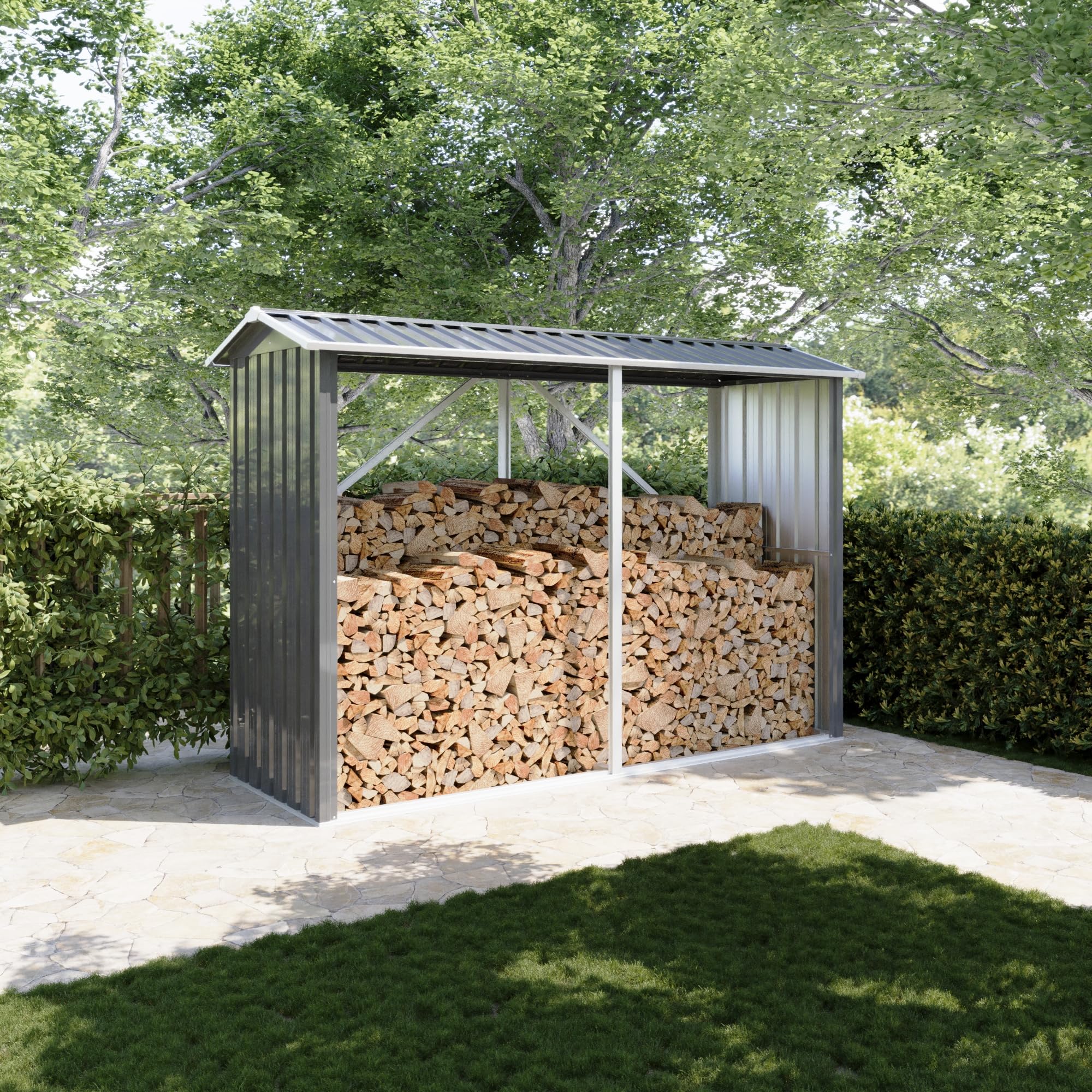 Legnaia da Esterno in Acciaio Zincato Nero 238x87x160 cm - Portalegna da Giardino con Tetto Spiovente e Struttura Rinforzata - Capanno per Legna da Ardere Resistente a Ruggine e Intemperie