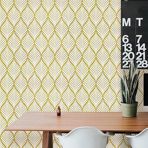 Miniatura 6 de WENMER Papel tapiz dorado de 17.7 pulgadas x 1181 pulgadas, papel tapiz geométrico bohemio dorado y blanco, papel tapiz de hojas autoadhesivo,