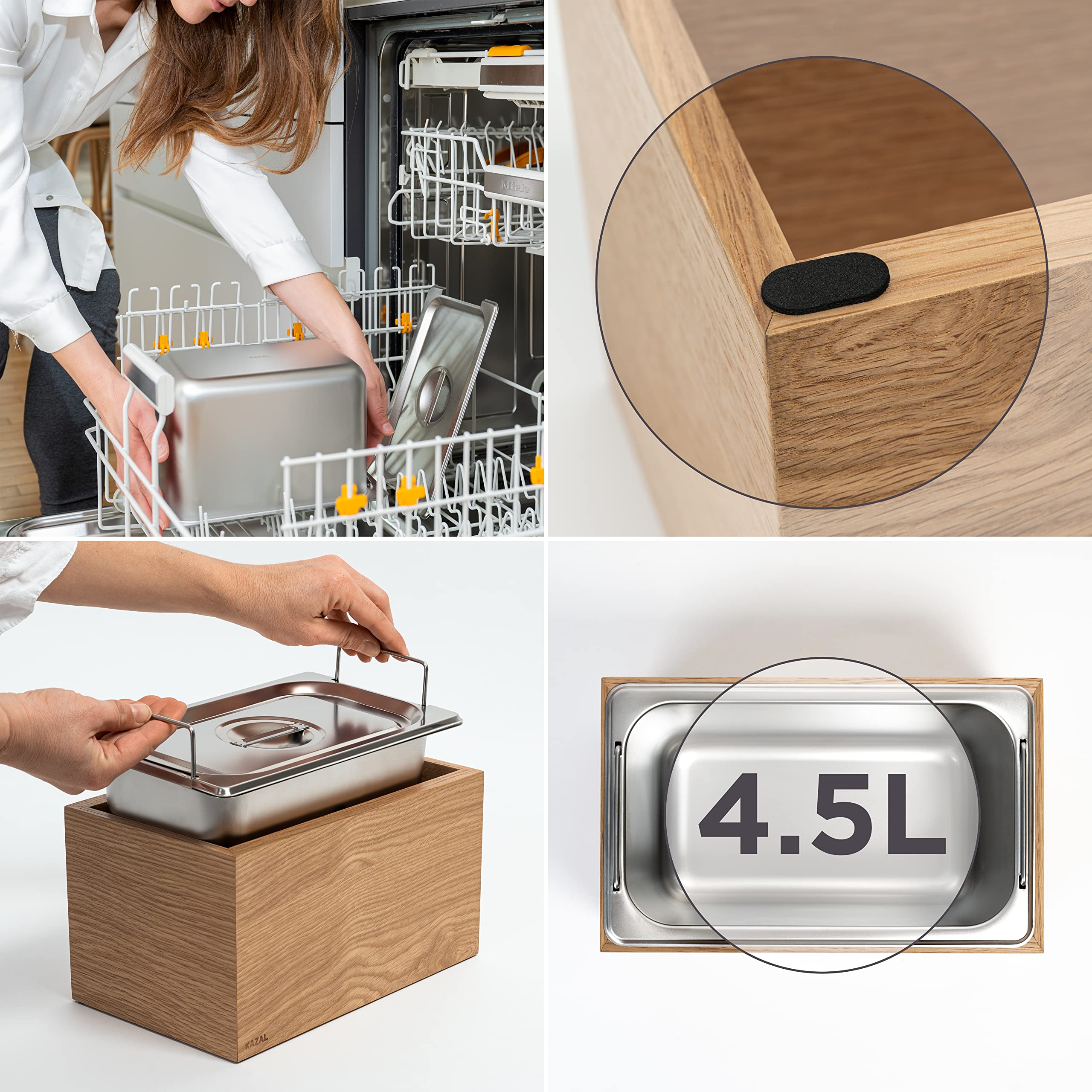KAZAI. Design Bio-Mülleimer -Holma- | 4.5L, Spülmaschinenfest und aus Echtholz-Veneer | Küchen Komposteimer für Bio-Abfall | Eiche