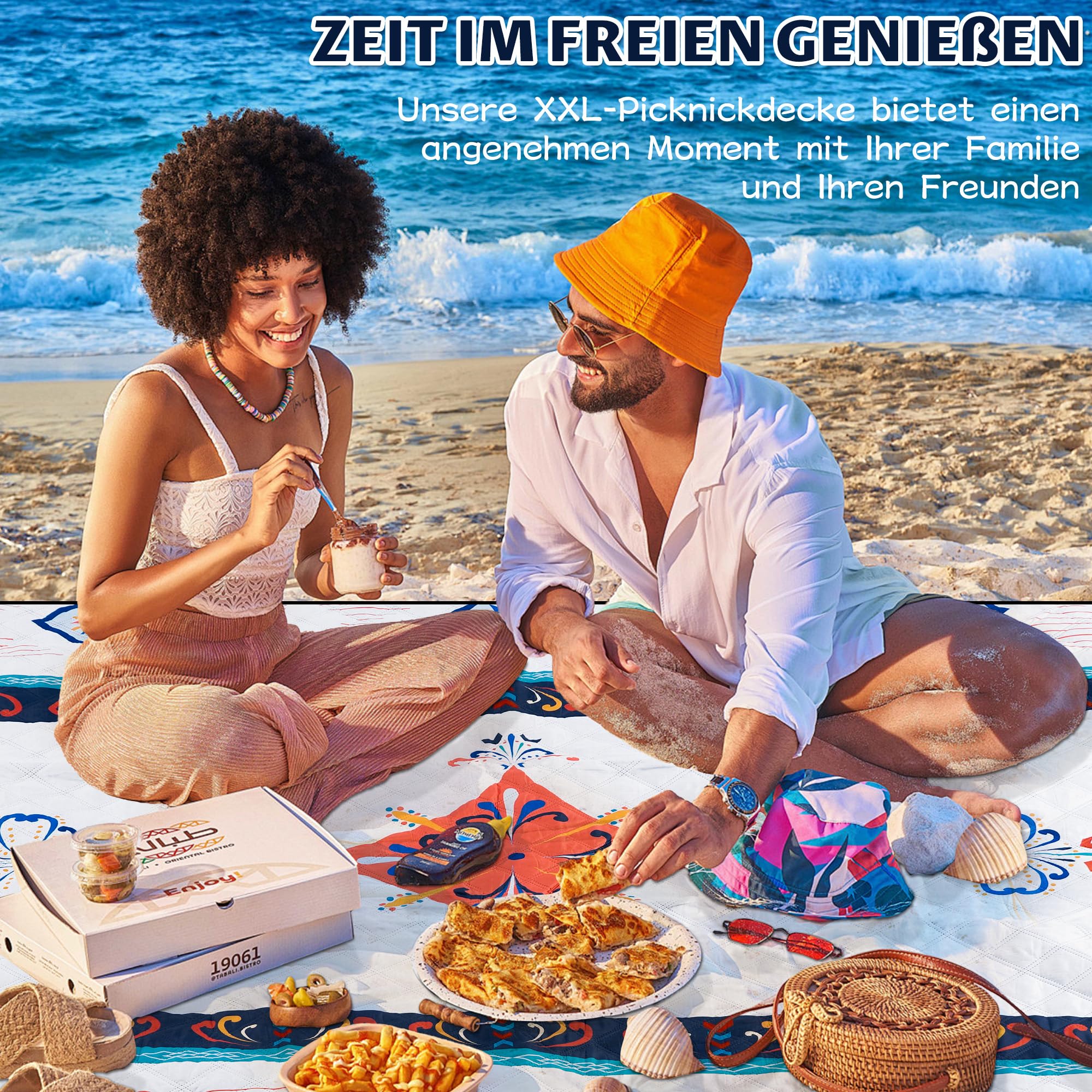 Coperta Picnic Impermeabile 200x200cm Pieghevole con Manico Blu