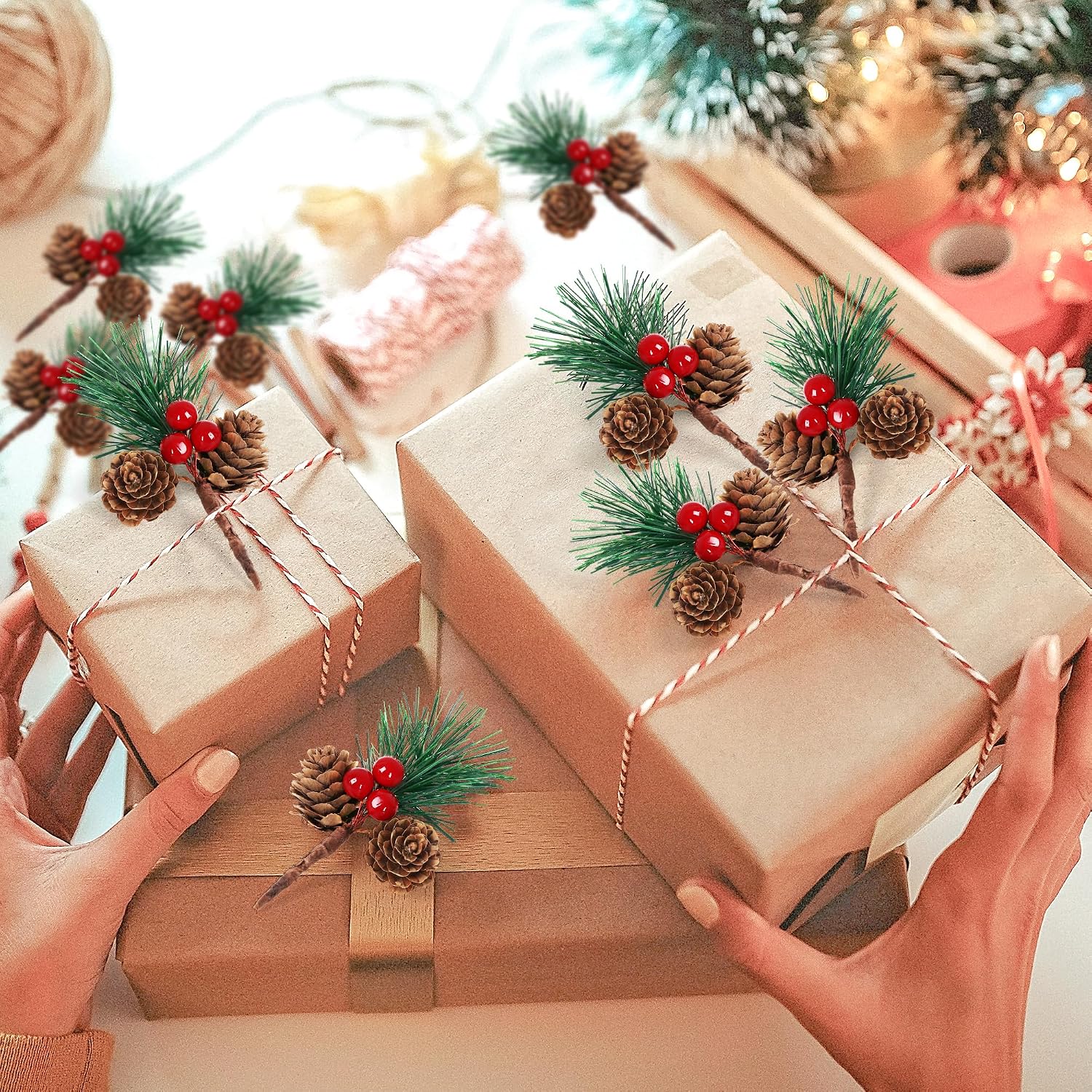 24 PCS Christmas Artificial Pine Picks for Decorating, Pine Needles Branches with Red Berry Stems, Xmas Crafts Branches for Xmas Pinecones Ornaments Red Berry Christmas Decor image 4