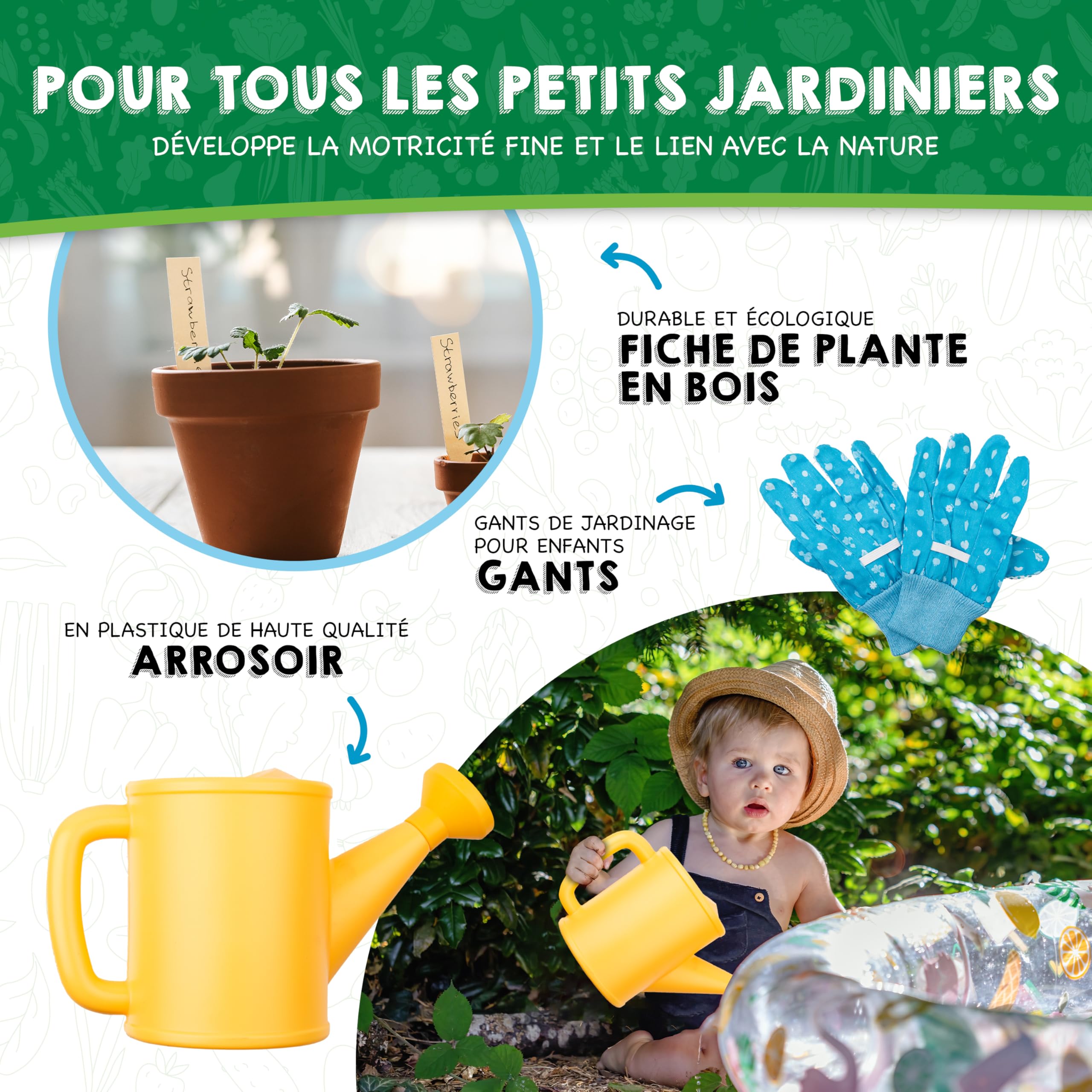 PHIBER-Sports Ensemble d'outils de Jardin pour Enfants (11 pièces) - Outils de Jardinage pour Enfants à partir de 3 Ans - Outils en métal, arrosoir, Gants de Jardinage, Sac