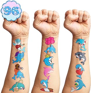 96 PCS Funny Ocean Dolphin Temporary Tattoos Sticker Blue Under The Sea Animal Fish Dolphin Birthday Party Decorations Supplies Favors Gifts Boys Girls Baby Shower Cute Tattoo School Reward Themed
