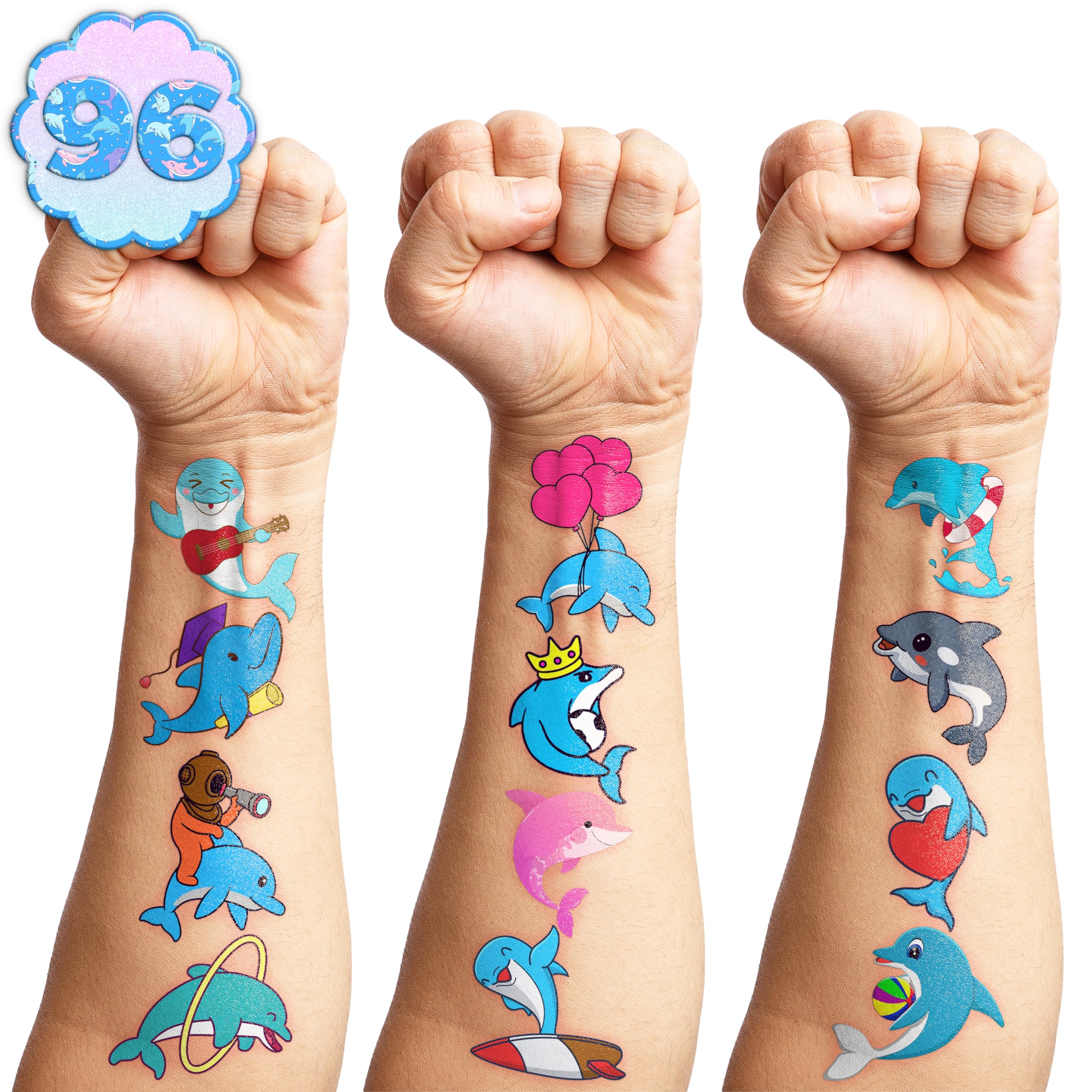 96 PCS Funny Ocean Dolphin Temporary Tattoos Sticker Blue Under The Sea Animal Fish Dolphin Birthday Party Decorations Supplies Favors Gifts Boys