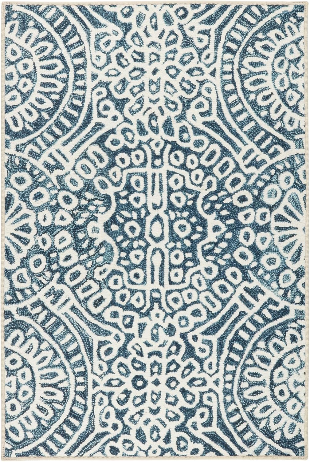 Dash & Albert Temple Ink Machine Washable Rug, 2.5 X 8 Feet, Blue Geometric Pattern