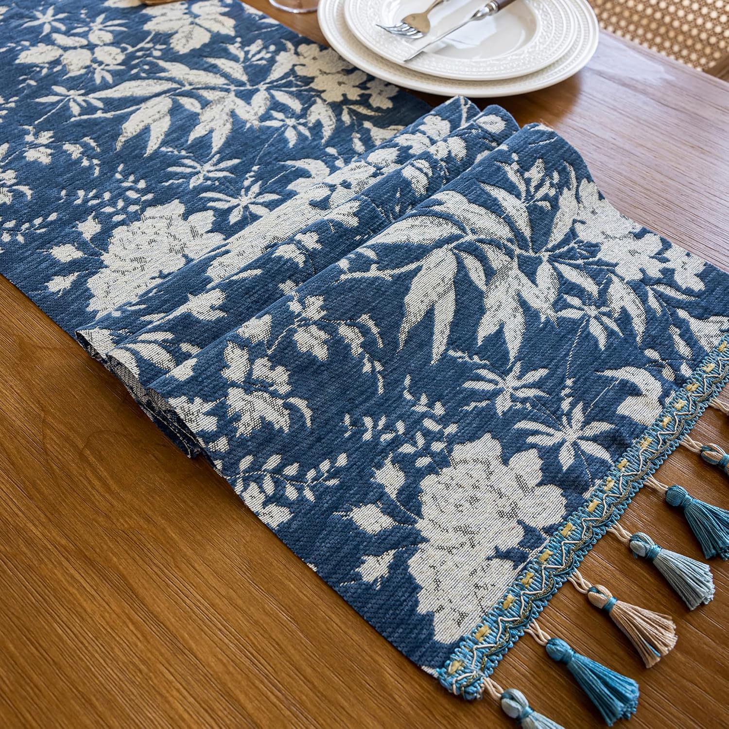 Fall Chenille Table Runner 14 x 95 Inch – 3D Jacquard with Tassels, Warm Luxury Dining Decor for Thanksgiving, Christmas, Wedding, Fireplace, Party (Blue Floral Garden, 13.7"x95")