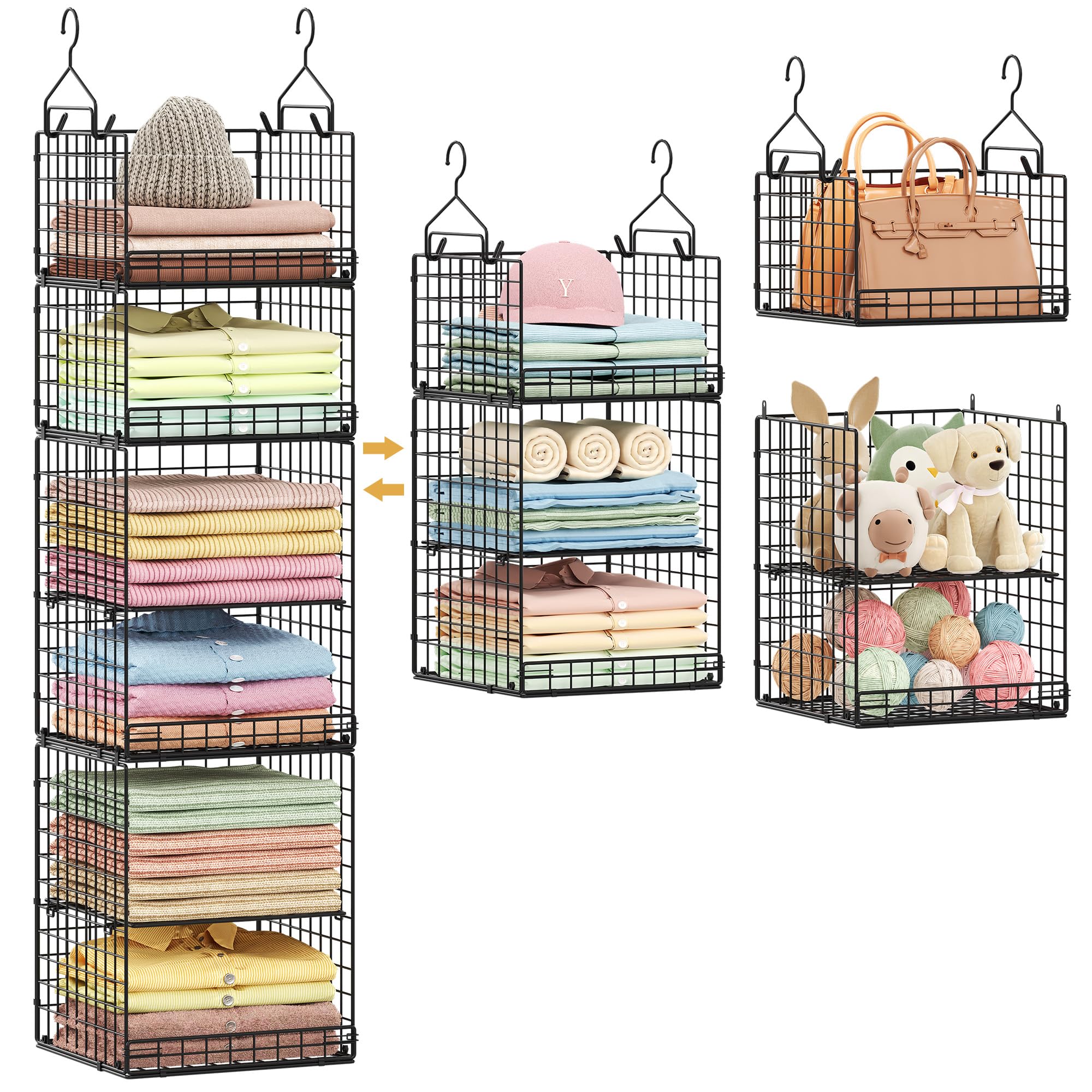 6 Tier Hanging Closet Organizers and Storage Stackable Hanging Closet Shelves with 4 Hooks 2 Adjustable Dividers, Wire Storage Basket Bins for Clothing Purse Sweaters Shoes Socks Dolls, Foldable: 5-Tier Black