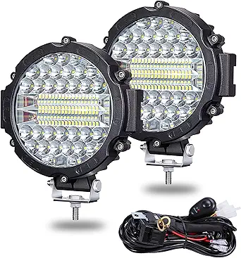 7 INCH Round LED Light Bar 201W Off-Road Driving Lights 21000lm LED Work Lights Pod With Wiring Harness for Pickup SUV ATV UTV Trucks Tractor (2PCS 201W Black+1 Set 2-Lead Wiring Harness)