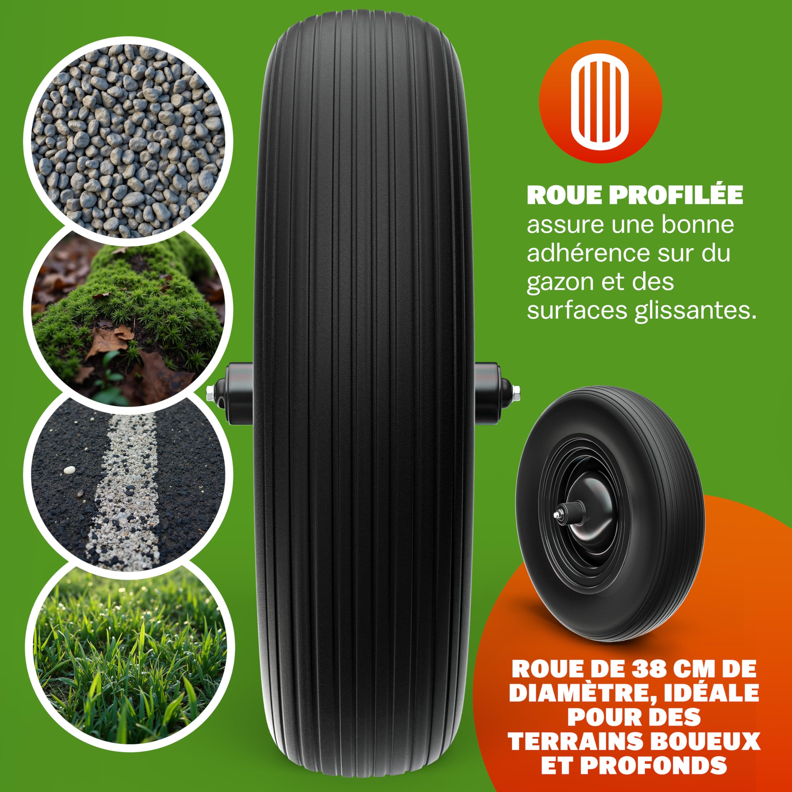 GARDEBRUK® Brouette 2 Roues 150 kg 100 L Jante Acier Roue Gonflable Jardin Jardinage Chantier Chariot de Transport
