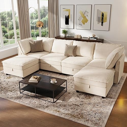 Ihanherry 129.6” Modular Sectional Sofa with Storage, U Shaped Couch
