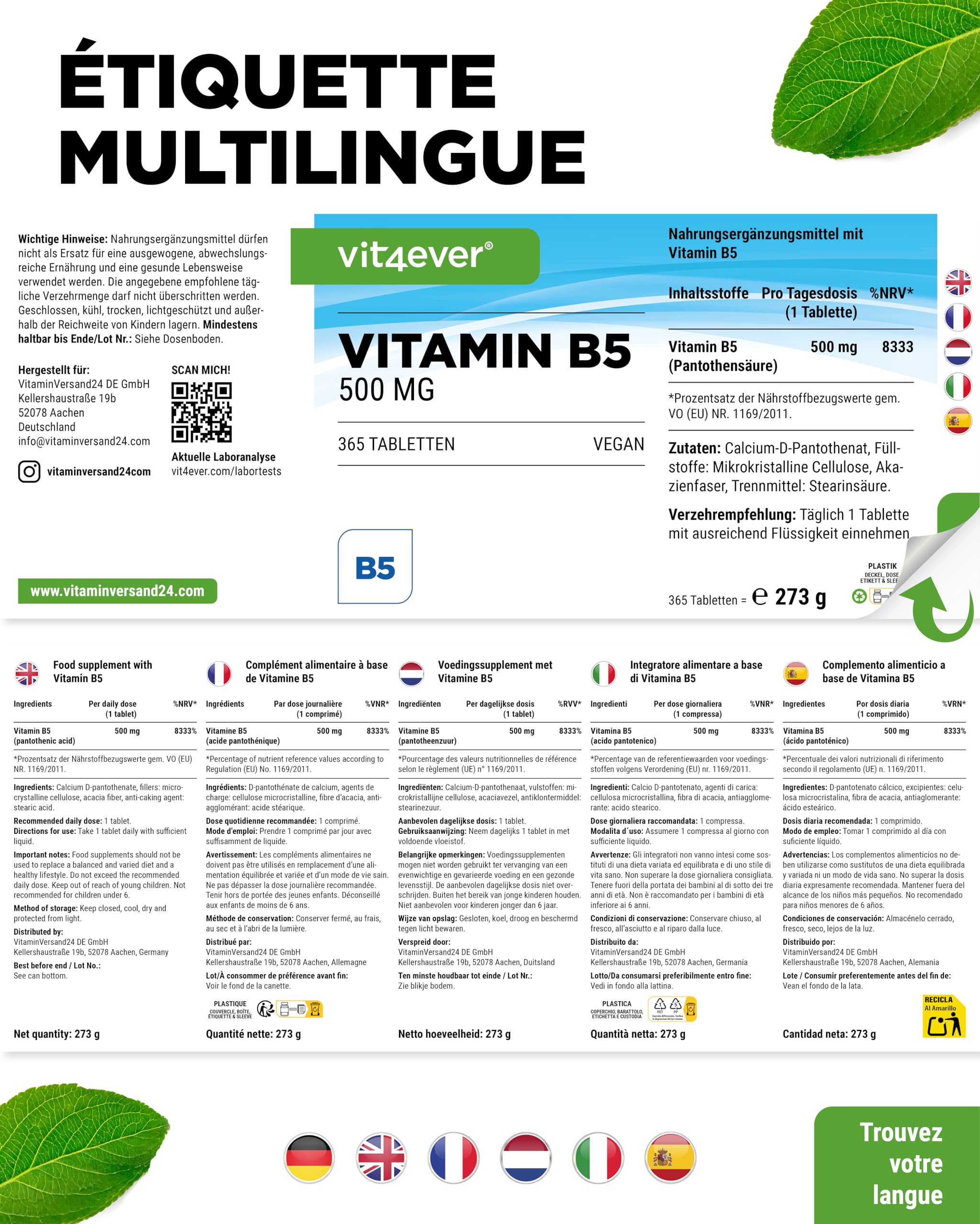 vit4ever Vitamine B5 (Acide Pantothénique) - 500 mg - 365 Comprimés - Réserve 1 An - Hautement Dosé - Sans Additifs Indésirables - Vegan