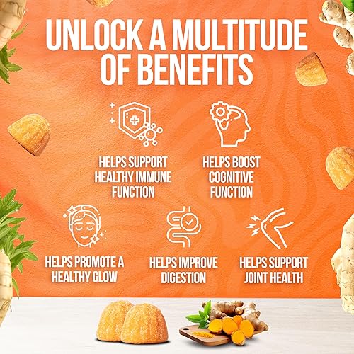 Miniatura 3 de BeAlive Vitaminas en gomitas de cúrcuma sin OMG sin gluten vegetarianas sin maní sabor melocotón botella de 60 unidades cúrcuma