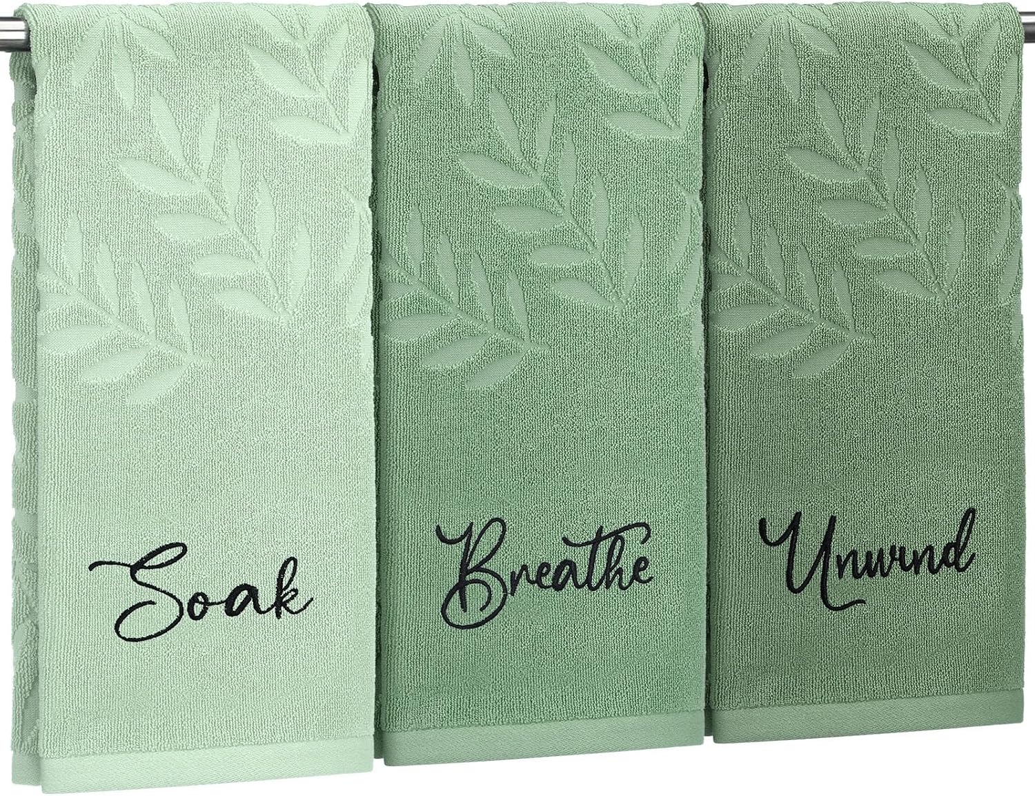 3 Pcs Sage Green Cotton Hand Towels, Farmhouse Bathroom Decor | Sage Green Jacquard Embroidered Cotton Towels with Soak Renew Unwind Print, Gift for Bathroom, Kitchen & Farmhouse Decor