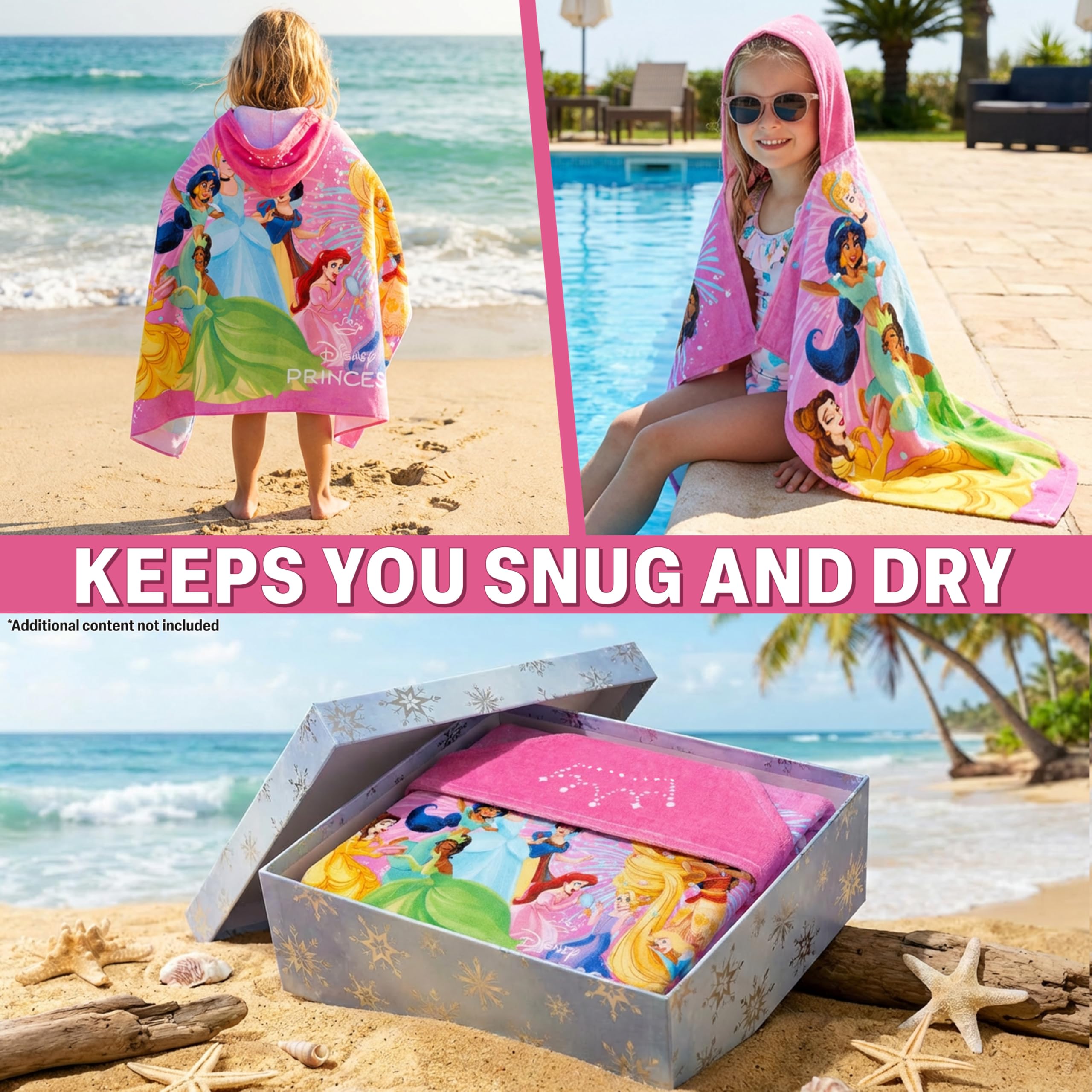 Get Trend Disney Princess Incappucciata Accappatoio Bambina, Cotone Spiaggia e Asciugamani Bagno, Morbido e Assorbente, Accessori da Viaggio, Regalo Ragazza (Multi Princess)