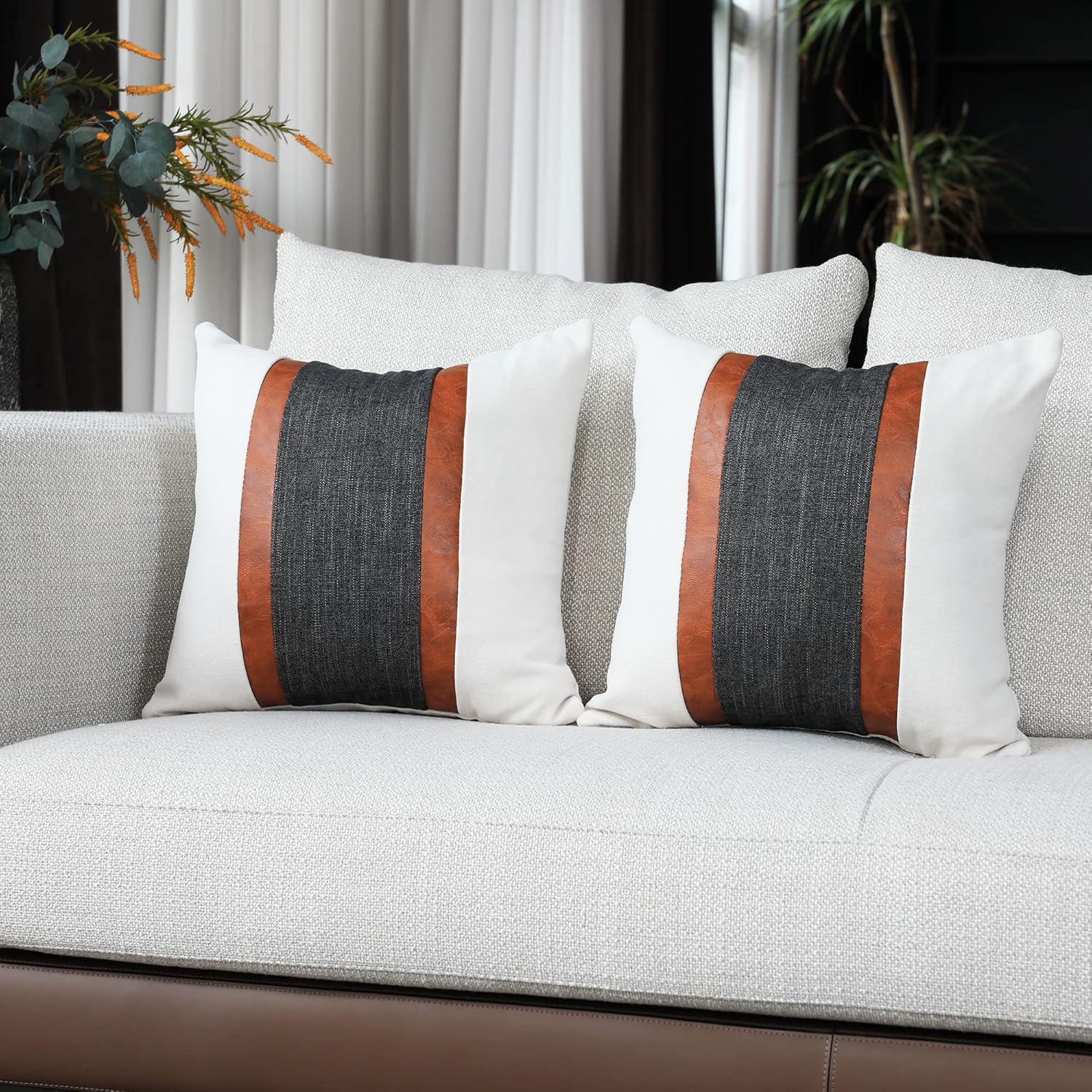 BOYSUM Leather Farmhouse Pillows Cover 18x18 Inch, Beige and Dark Gray Pack of 2 Patchwork Decorative Outdoor Throw Pillow Case for Couch Chair Bedroom (Dark Gray)