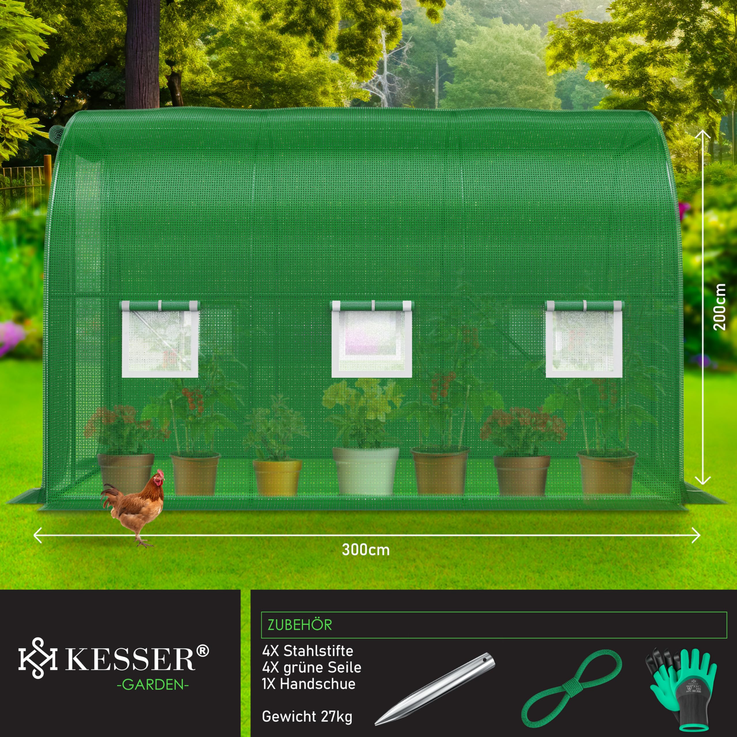 KESSER® Invernadero Estable con 6 Ventanas con mosquitera y Puerta, túnel de jardín con Marco de Acero galvanizado, 170 g/m², Incluye Guantes y Cuerdas, 200 x 300 cm, Color Verde