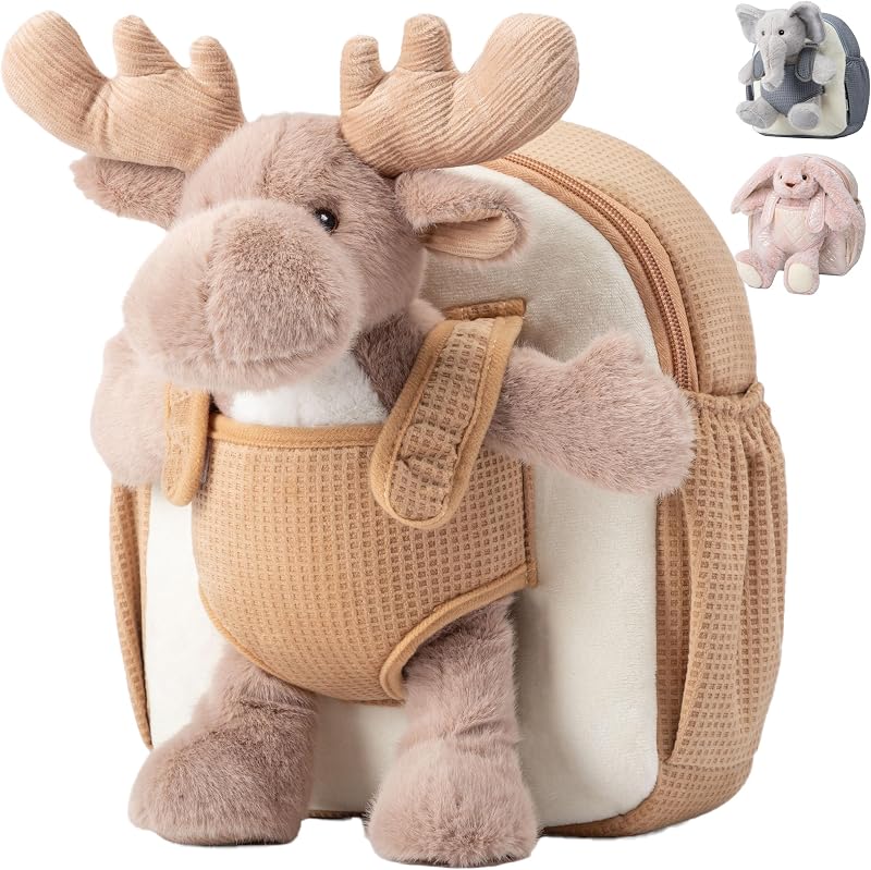 Moonkie Hug & Go™ Reindeer Toddler Backpack – Soft Plush Bag with Take-Along Toy for Kids Aged 2–4 | Ideal for Daycare, Travel & Birthday Gifts