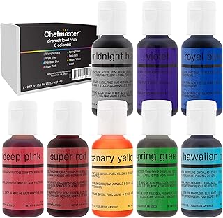 Chefmaster - Airbrush Food Coloring - 8 Color Pack - Vibrant and Fade-Resistant Sheen - Works With Any Airbrush Tool to Achieve Amazing Effects and Designs - Made in the USA