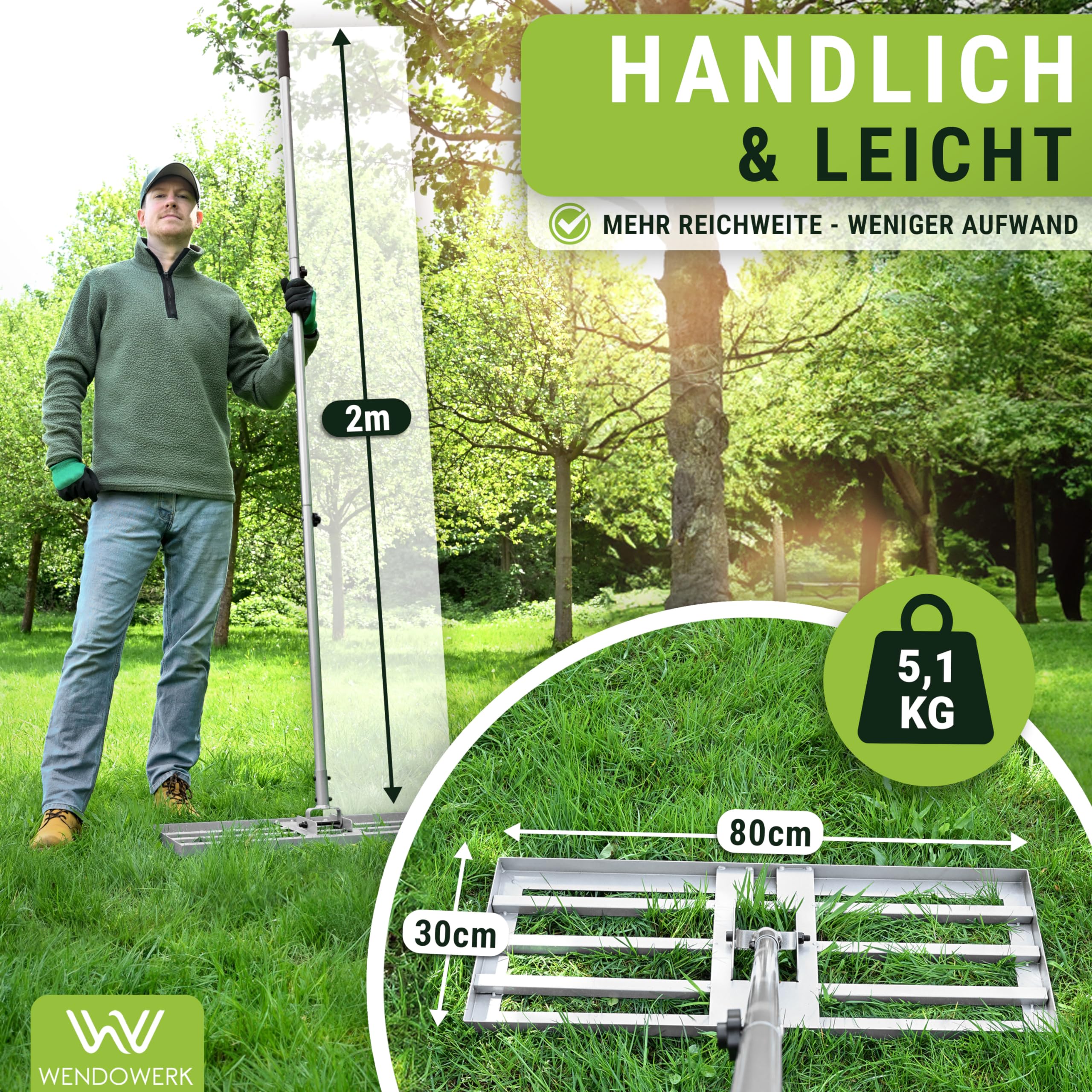 WENDOWERK® Rasen Rakel 80x30cm 2 Meter Stiel mit Gartenhandschuhe