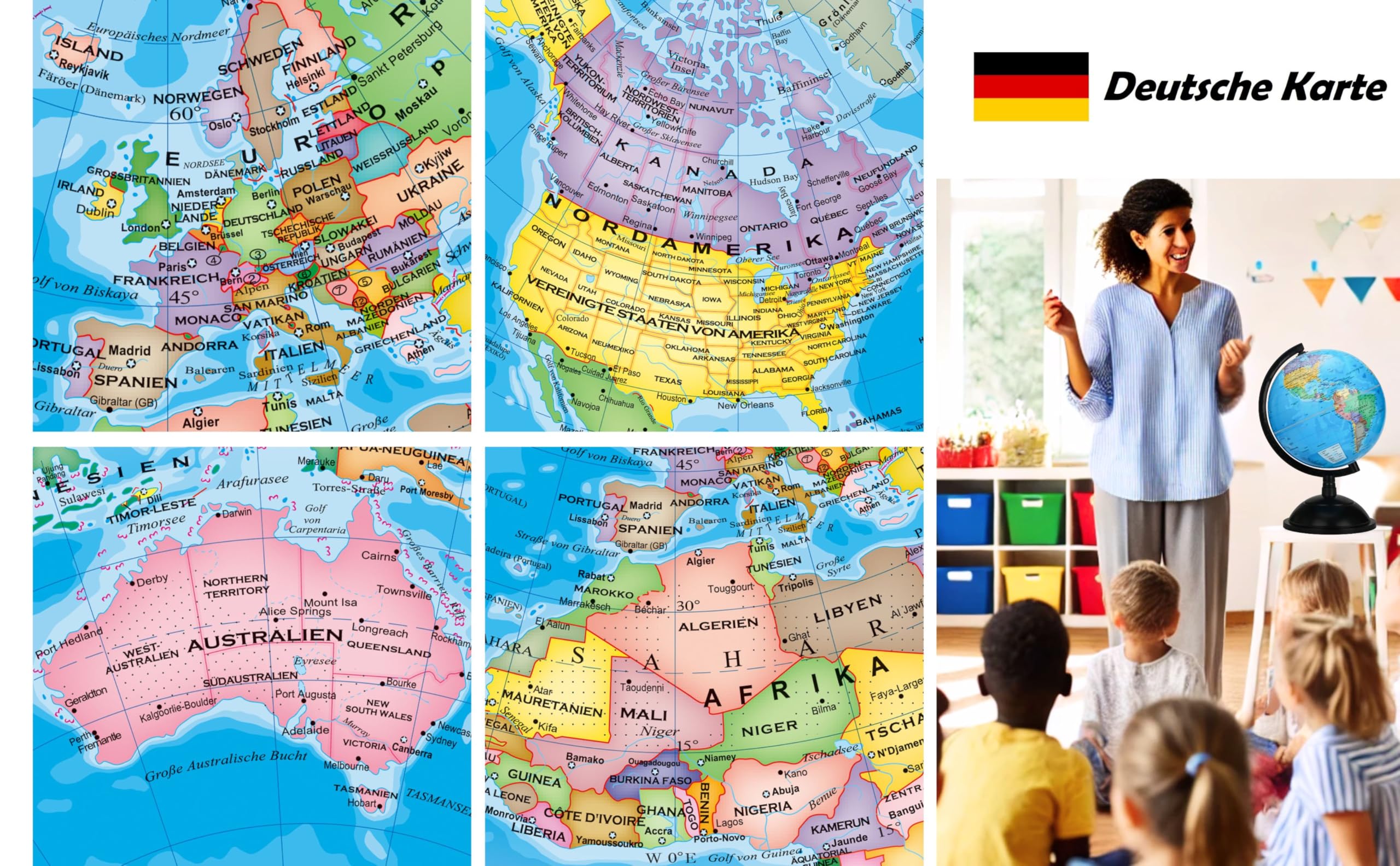 EXERZ Schülerglobus 20cm Deutsche Karte Drehbarer Globus Kinder Lernen | Politische Weltkarte auf Deutsch mit stabilem Standfuß für Schule Zuhause Büro Regal und Geografie