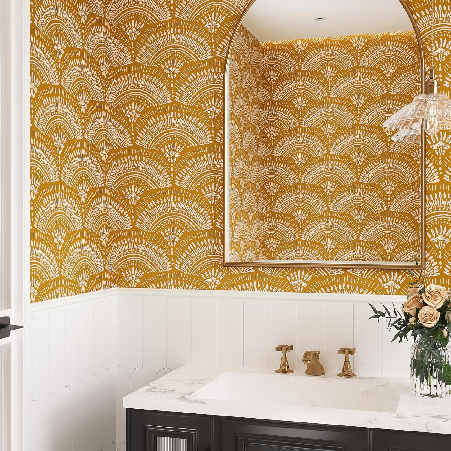VEELIKE Mustard Yellow Geometric Wallpaper Peel and Stick Boho Wallpaper for Bedroom Bathroom Nursery 17.7''x354'' Removable Yellow Art Deco Wallpaper Renter Friendly Adhesive Contact Paper for Walls