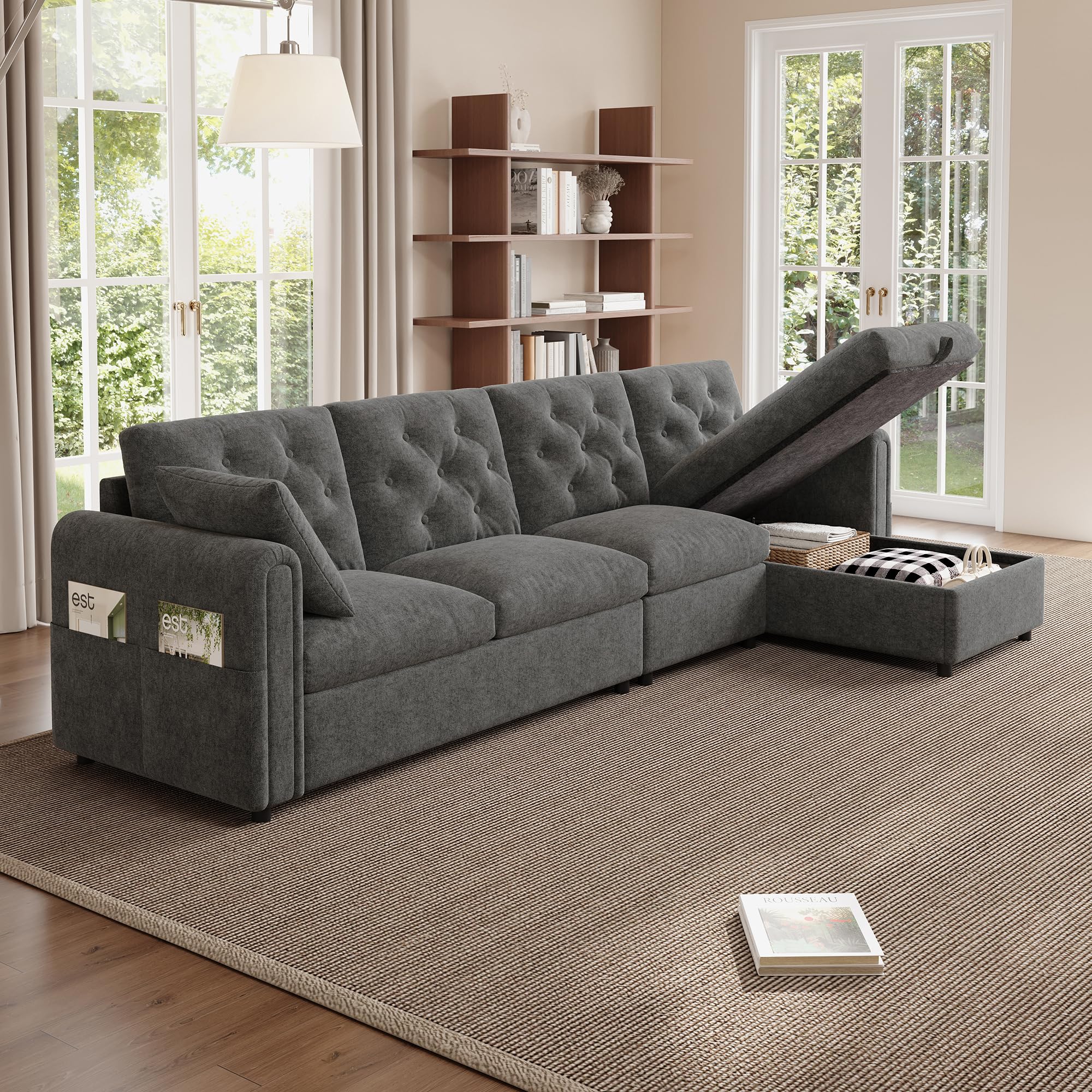 Divano ad Angolo 4 Posti con Contenitore, Divano Angolare in Velluto con Poggiapiedi Rimovibile per Salotto Soggiorno, Chaise Longue a Forma di L, Divano a Sinistra/Destra Grigio