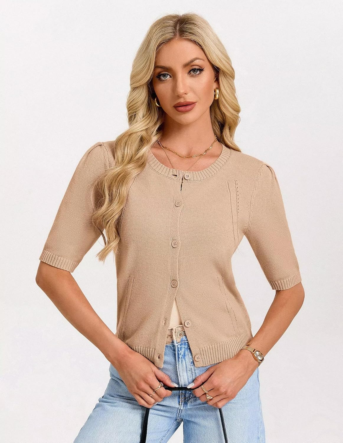 GRACE KARIN Short Sleeve Cardigans for Women, Spring Cropped Cotton Sweaters, Trendy Crew Neck Button Up Tops Casual, - Image 3