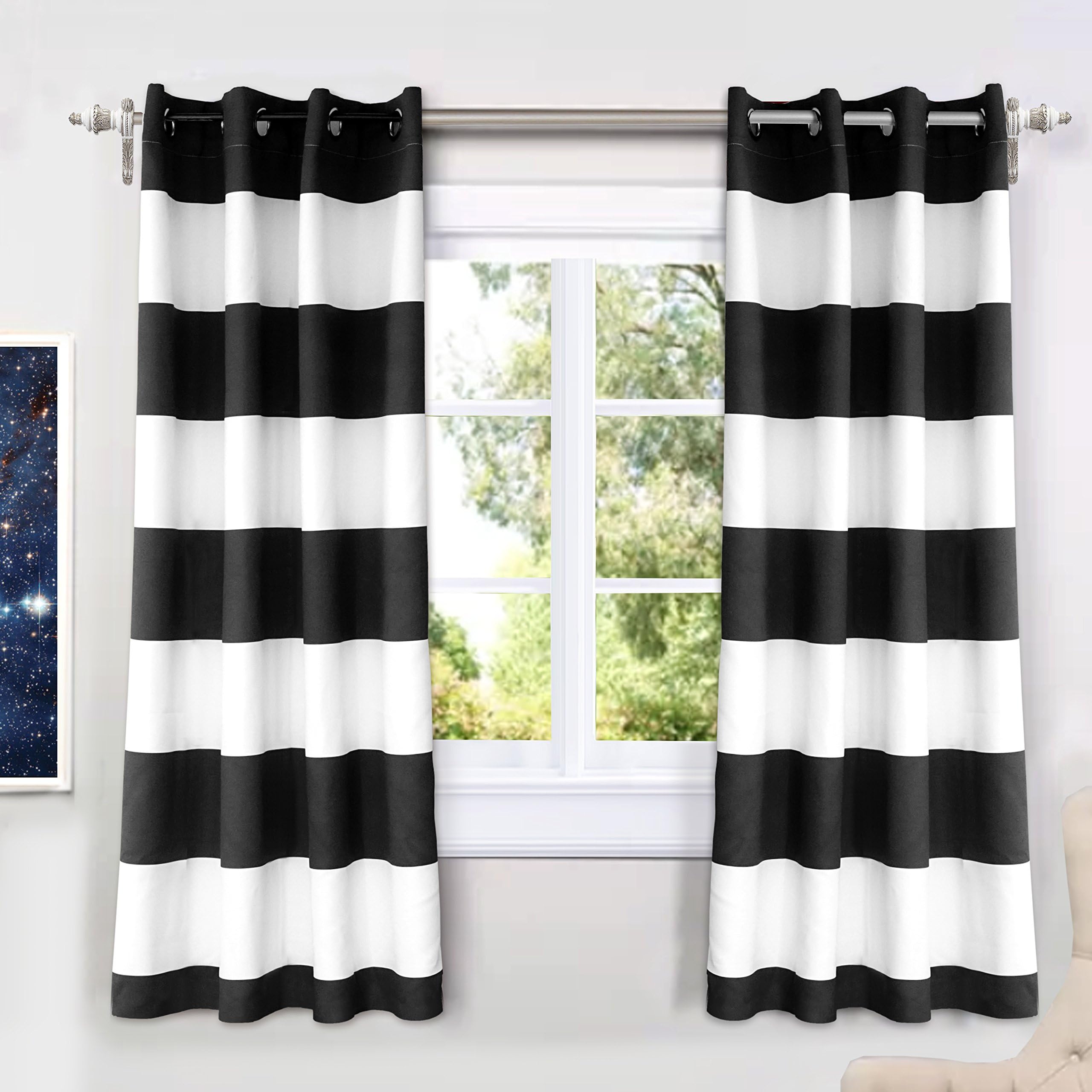 DriftAway Black Striped Room Darkening Curtains Horizontal Stripe Classic Grommet Drapes for Bedroom Living Room Kitchen Thermal Insulated Window Panels for Holidays Daily